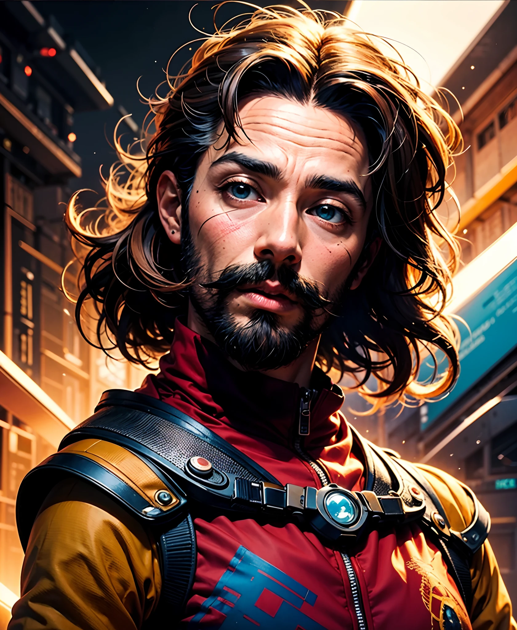 Estilo cartoon,homem, cabelo volumoso cacheado, oculos redondo, um bigode e um pouco de baraba, olhos pretos, pele parda, usando uma roupa parecida com o flash so que roxa