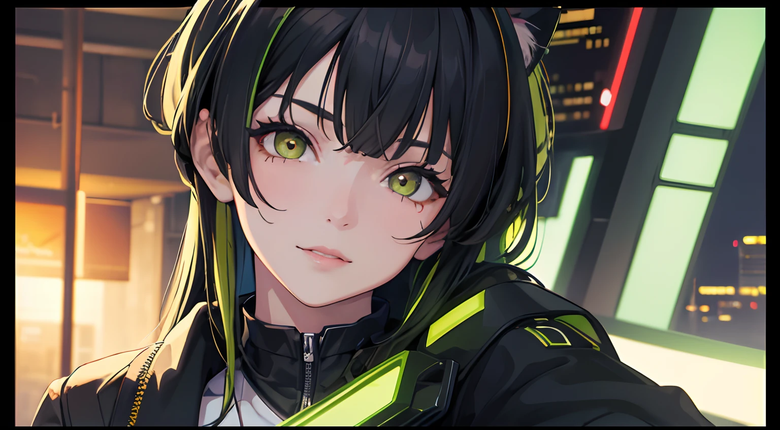 masterpiece, best quality, 1girl, black hair with green highlights, yellow eyes, cat smile, cowboy shot, school uniform, cyberpunk city, detailed eyes, detailed facial features, realistic and high resolution (best quality, 4k, 8k, highres, masterpiece:1.2)