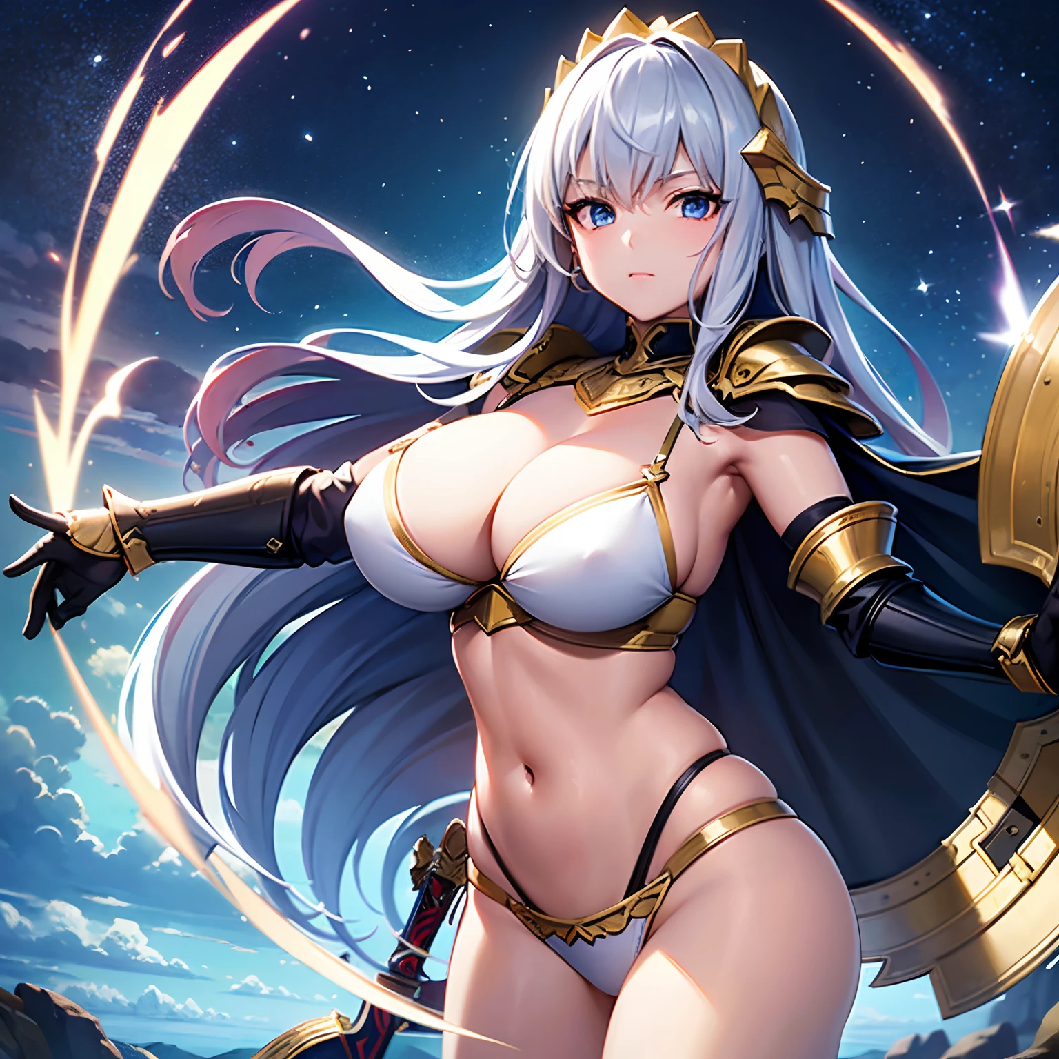 *8K masterpiece, Top quality, Best quality, offcial art, (Beauty and aesthetics: 1.3), Extremely detailed, multipel Girls，25 age old，bikini armor，Tong，，gigantic cleavage breasts，gigantic ass，Flat sandals，a shield，The sword，sideways standing，A desert