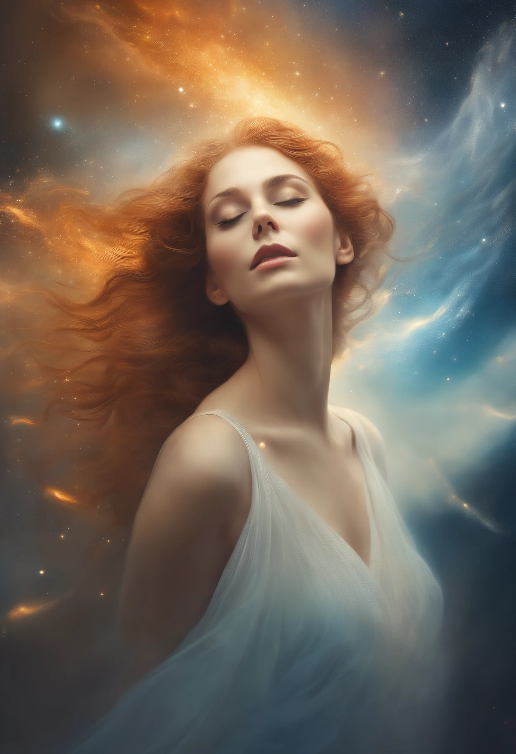 A beautiful naked orange-haired woman in the form of the Orion nebula