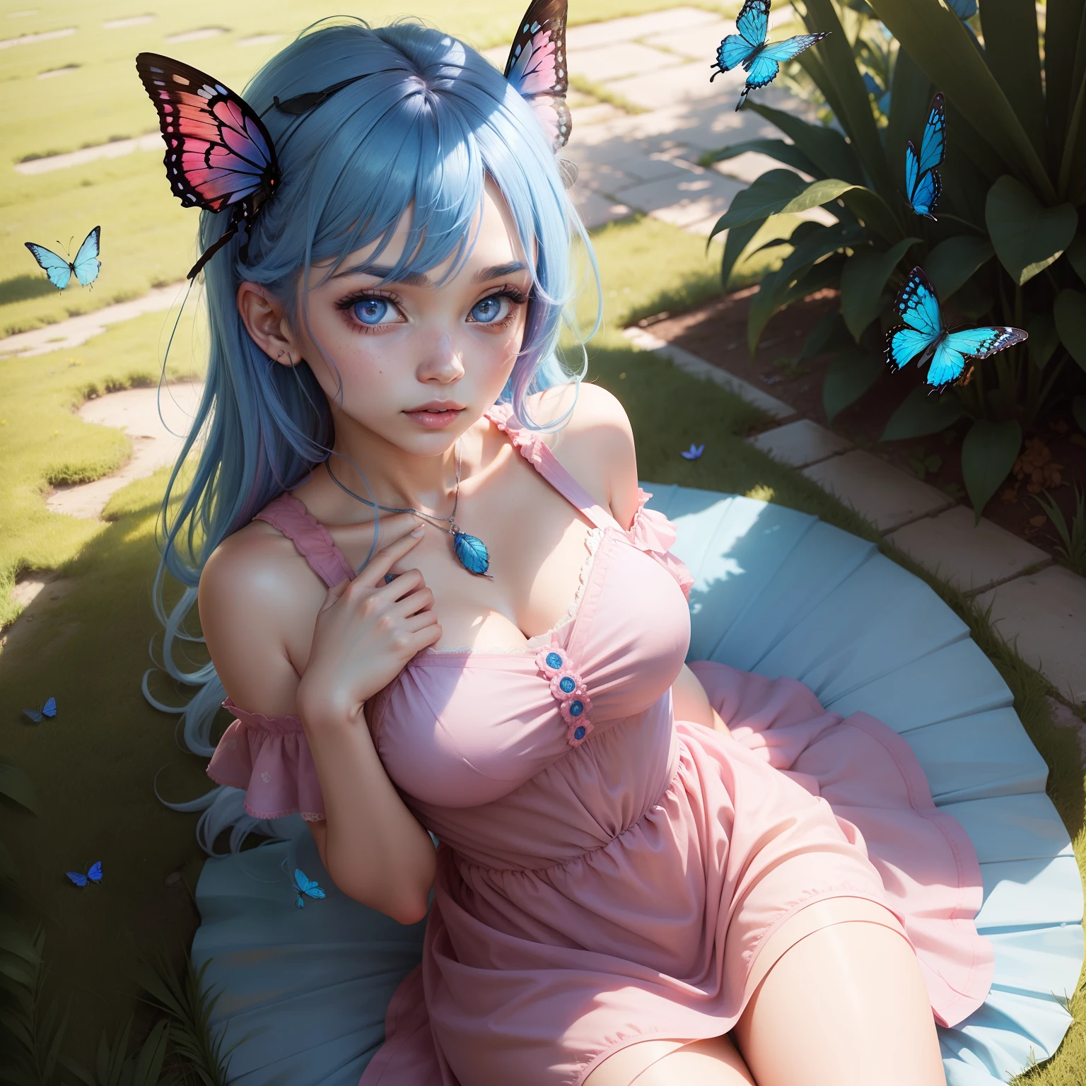 a women, blue butterfly, blue hair, pink eyes, pink dress