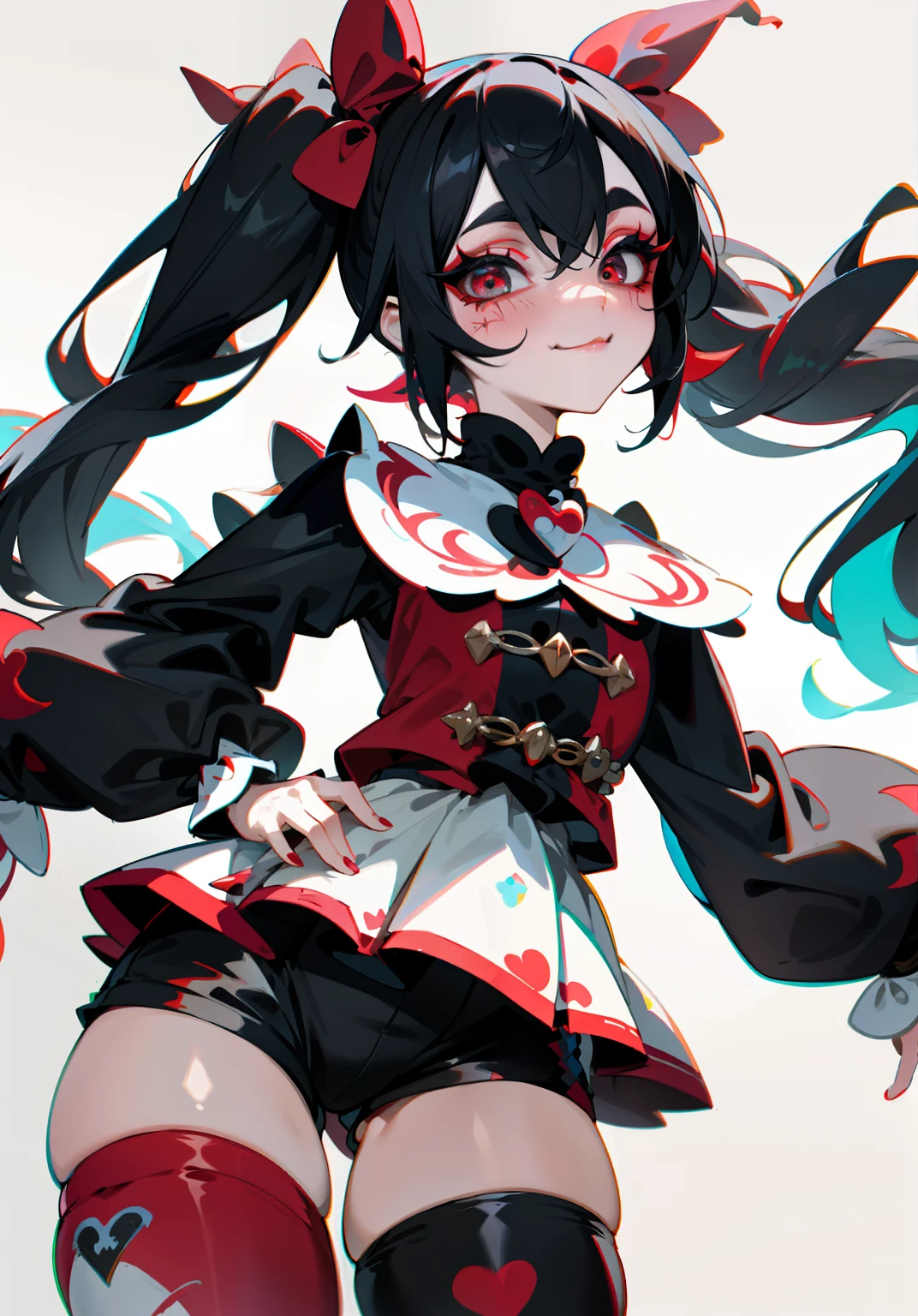 1GIRL, insane clown girl, finely detailed, (best quality), (intricate details), cute style, li, jester style, multicolored, ((long black hair in pigtails)), best quality, ((long sleeve shirt and shorts)), ((red and white clothes)), ((jester style clothes)), ((thigh high socks)), ((round eyes)), ((has jester makeup)), beautiful face, happy, cute face, pinup, perfect face, simple background portrait