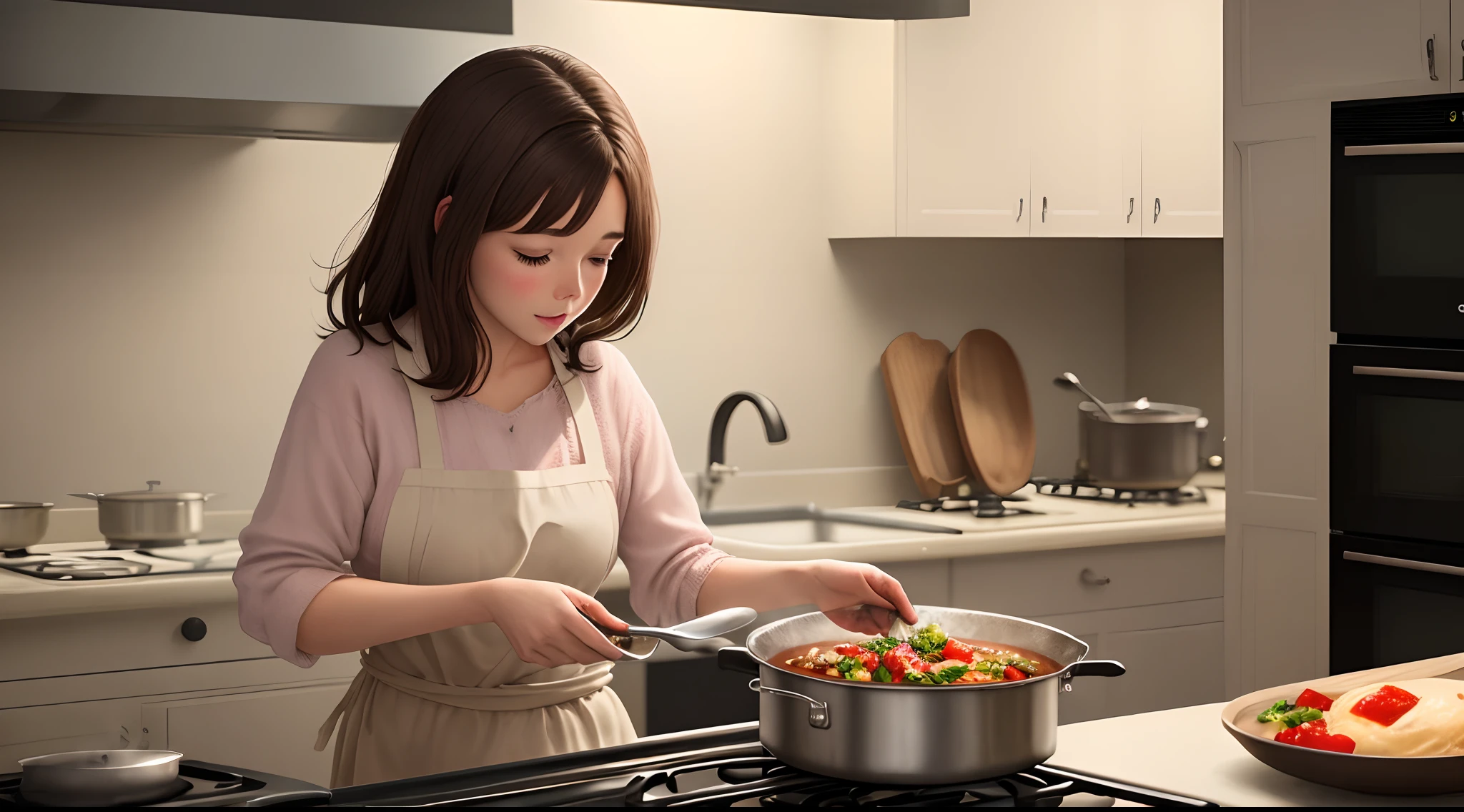 A woman with dark brown hair cooking