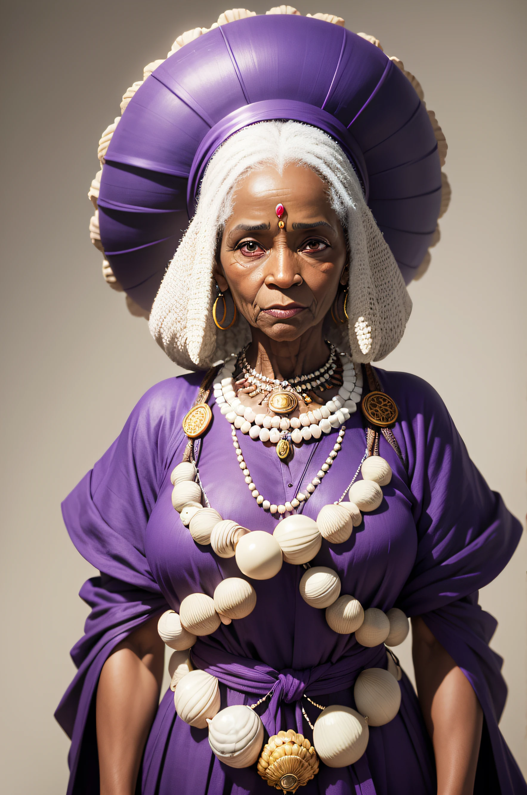 Create an ultra realistic image of the orisha of the African religion "Nanan Buruque". An elderly black woman, wearing purple clothes and a shell necklace. completely white background.