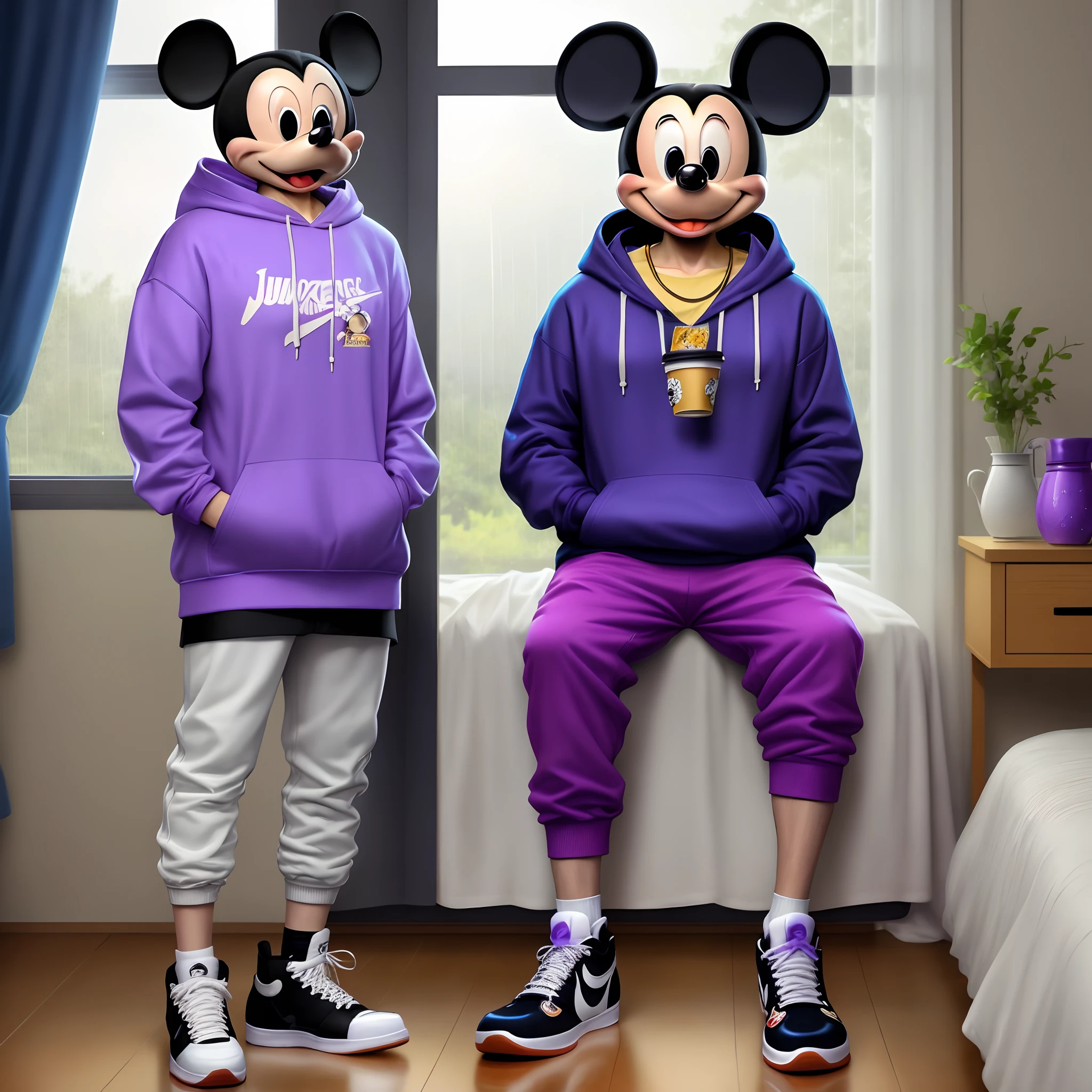 hyper realistic mickey mouse in his room on his bed while it’s raining outside the window he looks sad and he’s wearing a hoodie and joggers while wearing jordan 1 highs he’s hold a white cup stacked on another white cup with glowing purple juice inside and mickey mouse is wearing a shiny gold chain