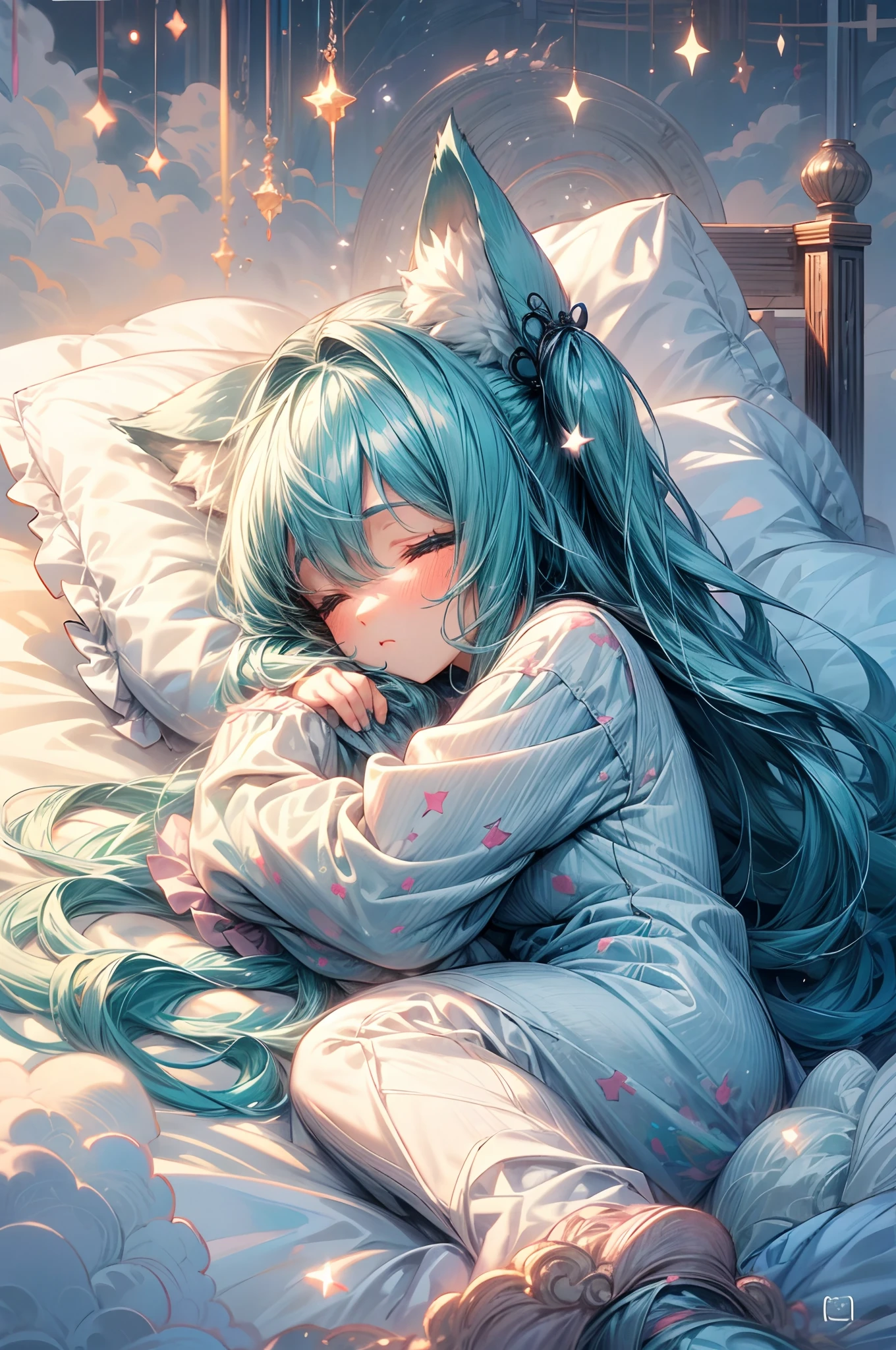 (a peaceful dream, nighttime serenity, calmness, restful sleep), (best quality, ultra-detailed, photorealistic), (painting), (stars shining, gentle moonlight), (soft pillow, comfortable bed, dreamy atmosphere), (tranquility, luxurious sleep), (peaceful and serene), (subtle colors, dark and warm tones), (soft and diffused lighting), closeup of a anime girl with long teal hair on the bed sleaping and hugging a big white wolf in the clouds, an anime drawing by Shitao, pixiv contest winner, furry art, fluffy!!!, very beautiful anime cat girl, beautiful anime catgirl, cute anime catgirl, anime girl with cat ears, very beautiful cute catgirl, white cat girl, fluffy!!!, anime catgirl, anime cat, trending on artstation pixiv, chibi, cute chibi,