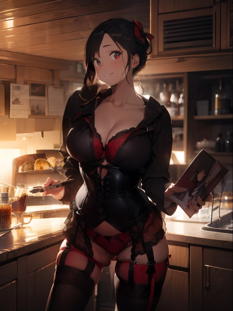 ultra-quality, ultla highres, Hyper Detailed, High contrast, Ultrafine Strike, creative refinement,A dark-haired, ssmile,Red lingerie,Red corset,Red garter belt,Show Pub