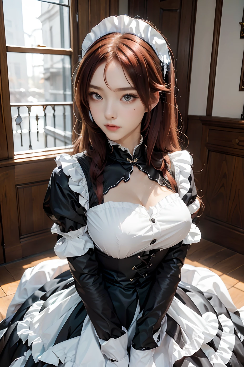 The woman, (European Citizenship: 1.2) In a black and white outfit posing for a photo, maiden! Dress, Anime Girl Cosplay, anime girl in a maid costume, The Magnificent Maiden, maid outfit, cosplay photo, cosplay, anime cosplay, A Few Cute Poses, (Face of the Goddess), (Elegant posture: 1.4), Elegant atmosphere, Noble atmosphere, (Milf: 1.6) (redhead hair: 1.5), (Cyan eyes: 1.4), (maidservant: 1.4), (Black and White Maid Outfit: 1.1), (Incredible beauty, High facial detail:1.3),