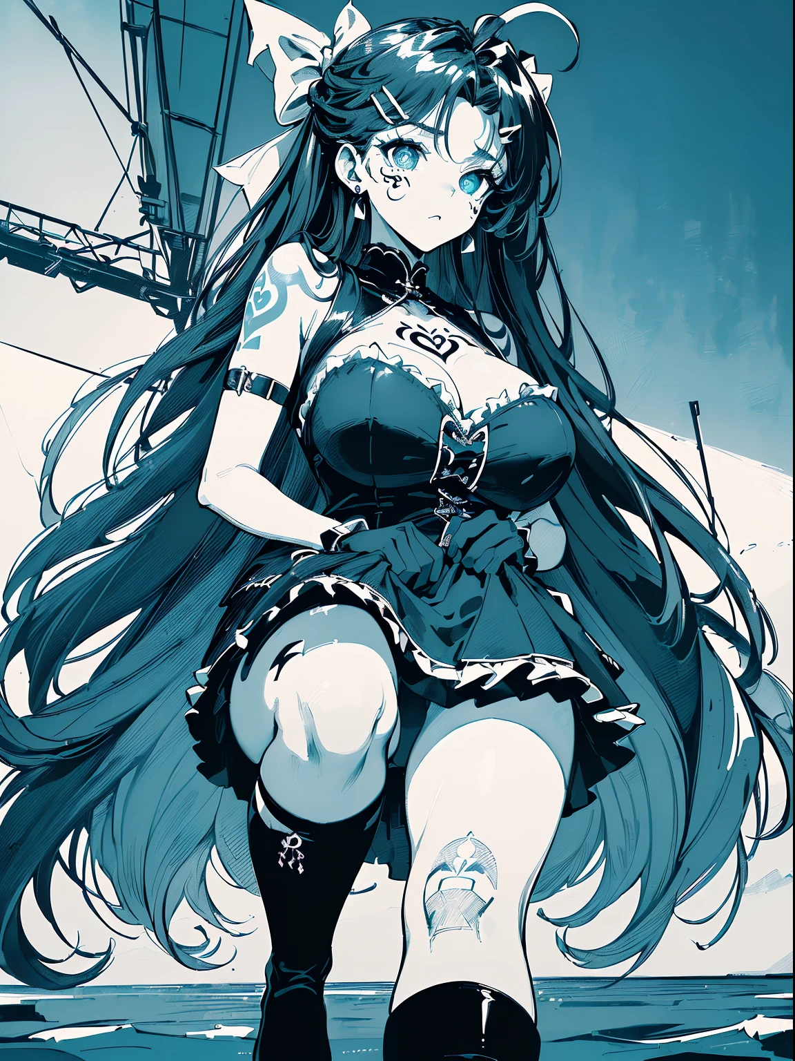 (((((((monochromatic world, using only shades of black and white and little blue ,facial tattoo,pubic tattoo,))))))(((frills,head tilt，baggy skirt,maid dress ,thigh strap,))) (((blush:1.2,baggy cuffs,fur gloves,scratching breasts)))， (geometric:1.1), ((1girl,under-aged,amazing,sharp focus,seductive succubi，Solo，from below:1.2))(Masterpiece,Best quality, offcial art, Beautiful and aesthetic:1.2),((incredibly_absurdres,Golden ratio,)) (16k),on the water,lake,huge sun, ((cowboy shot,))(((sagging breasts))),(Physically-based rendering),Sharp focus, (((highdetailskin,knees up))),Intricately detailed clothing，(Delicate pupils,Symmetrical pupils，Highly detailed pupils)，heart pupils,danfeng eye,((((detailed hair|long hair|intake bangs|long bold side bangs|top bow|ahoge)))),Slender,(masterpiece sidelighting),(The sheen),(beautiful hair,beautiful eyes,）((unbelievable Ridiculous quality)),((extremely_Detailed_Eyes_and_face)),Movie girl,(Dynamic configuration: 1.2),Brilliant,Glossy, ((hairclip)), two-sided fabric,disheveled hair,Ultra-precise depiction, Ultra-detailed depiction,