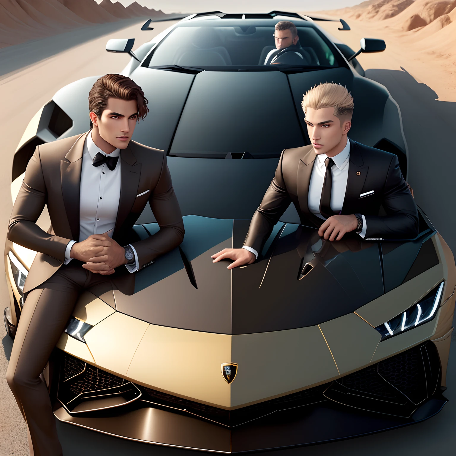 Homem meia idade, bem vestido, next to a Lamborghini in a surreal landscape. Cabelos grisalhos nas mexas da frente, light brown eyes coffee.