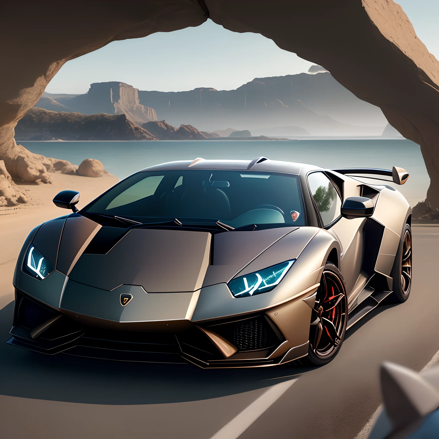 Homem meia idade, bem vestido, next to a Lamborghini in a surreal landscape. Cabelos grisalhos nas mexas da frente, light brown eyes coffee.