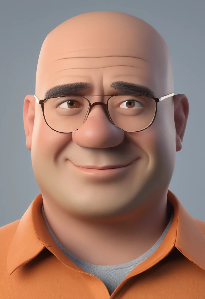 A 3D Pixar style man looking forward. looking about 50 years old, wearing a blue button-down shirt. no beard on his face. natural smile. Black eyes and short hair with a little baldness. The skin is brown and the face is fat. body of a fat man.
