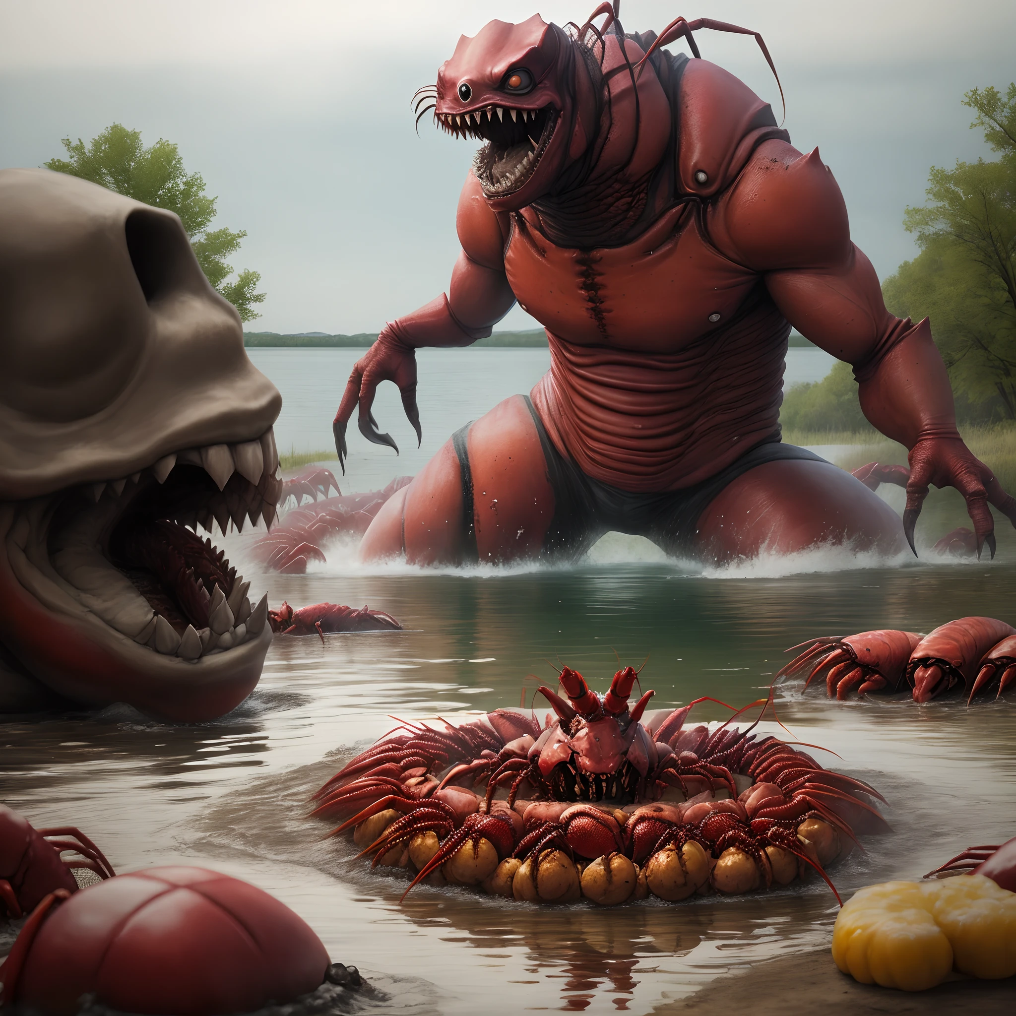 A crawfish boil with a few people, a terrifying monster rising up out of a mysterious lake