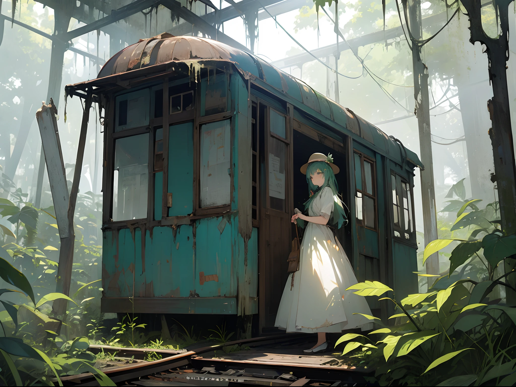 Abandoned railway line in the forest、(Old and decaying train car:1.5)、in a panoramic view、Infestation plants、Tangled ivy、Studio Ghibli、Green world、Cinematic light、Fancy details、Light shining through、(The ghost of a girl personified by a vehicle:1.1)、Her detailed and beautiful face、Spiritual silence、White dress、a straw fedora hat、We still don't know the name of that flower。