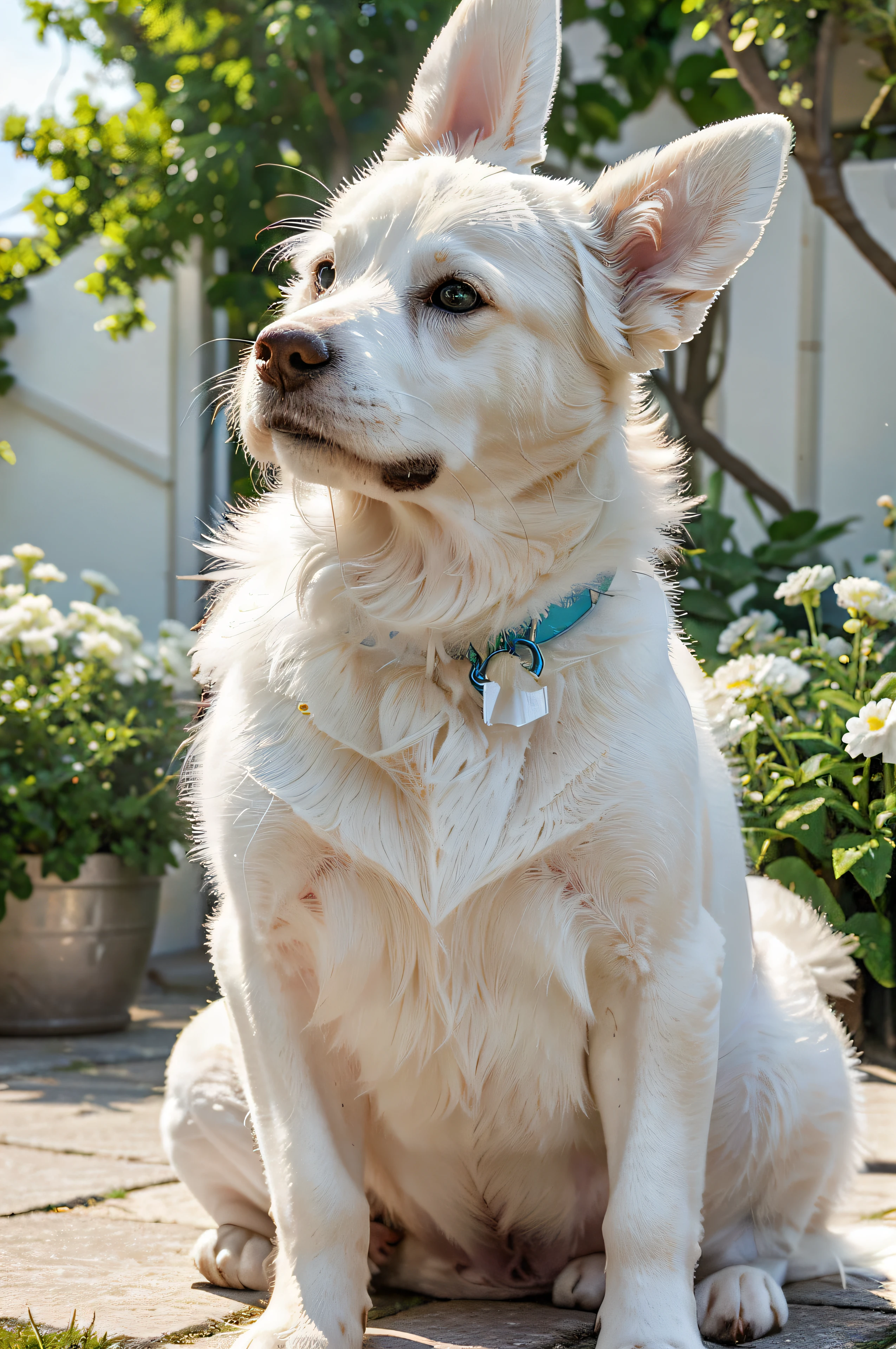 A cute white dog is holding a sign that says "AI" in its mouth. The dog has fluffy fur and kind eyes. The background is a vibrant and colorful garden, with blooming flowers and lush green grass. The sunlight gently illuminates the scene, creating a warm and inviting atmosphere. The dog is sitting in a playful pose, with its paw raised in a friendly gesture. The image is of the highest quality, with sharp details and vivid colors. The artwork is created in a realistic style, resembling a beautifully detailed oil painting. The color palette is soft and pastel, with shades of white, cream, and light blue dominating the composition. The lighting is natural and soft, enhancing the dog's features and bringing out its adorable expression. This profile picture is a masterpiece, perfect for showcasing your love for AI.
Keywords: white dog, AI, fluffy fur, kind eyes, vibrant garden, blooming flowers, lush grass, sunlight, playful pose, highest quality, sharp details, vivid colors, realistic style, beautifully detailed, oil painting, soft pastel palette, natural lighting, adorable expression, profile picture