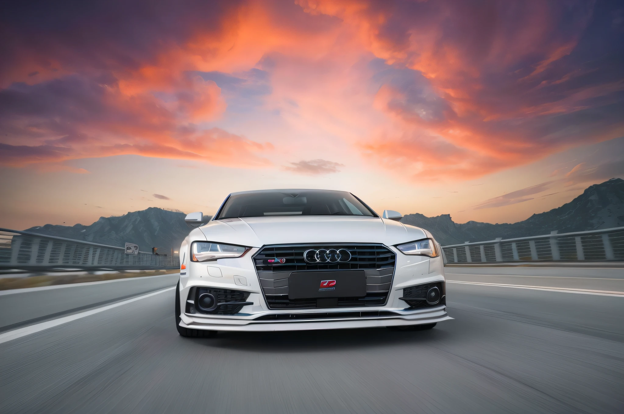 Close-up of a white Audi car driving on the road, auto photography, vehicle photography, automotive photography, Wide body, automotive photography, car commercial photograph, front of car angle, frontage, front profile shot, long front end, front profile!!!!, s line, cinematic front shot, hyper wide view, wide angles + Masterpiece, Low wide angle
