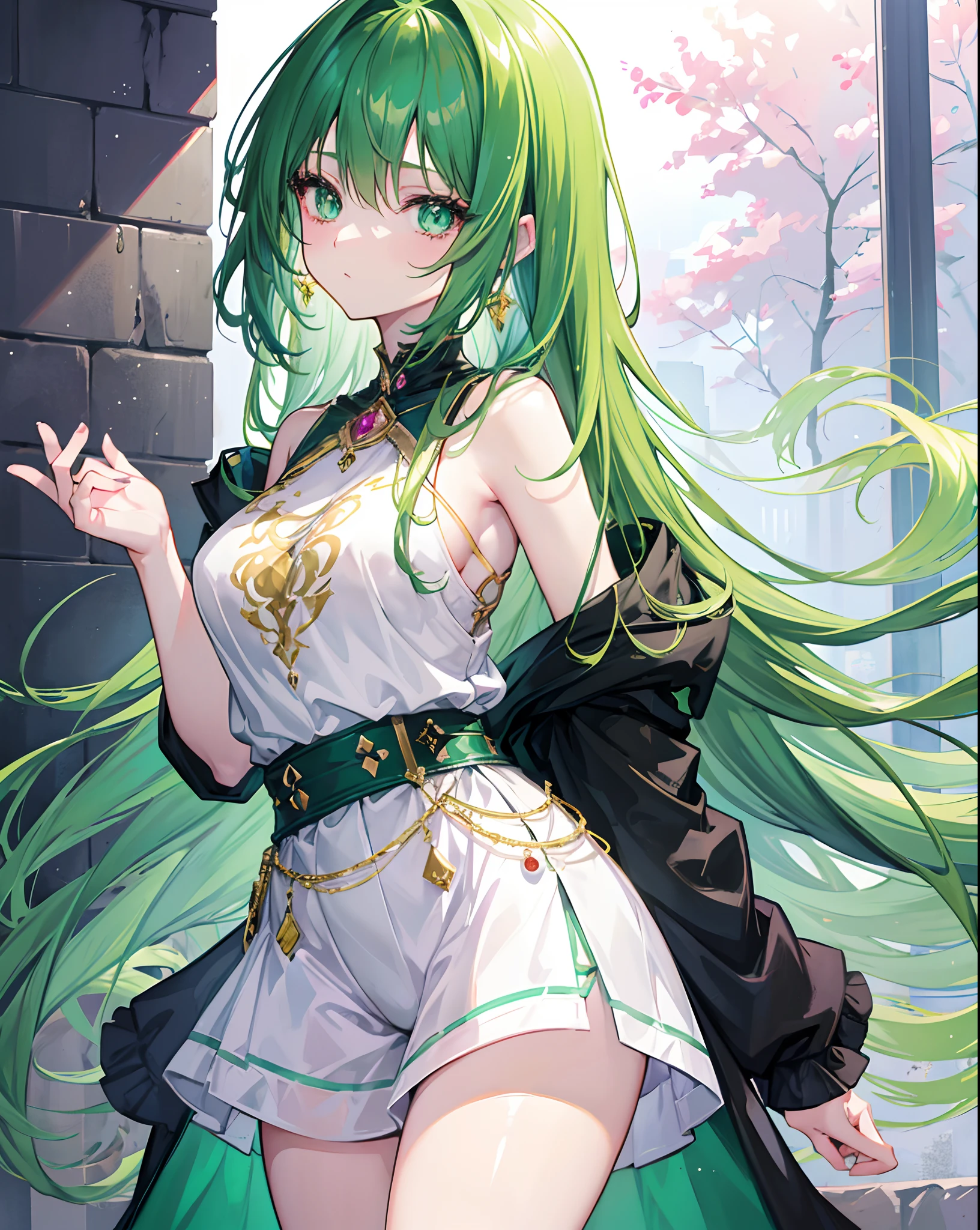 digital art, soft and fantasy style, an anime girl, pretty face, pretty hair, glittery hair, dark green colored hair, shining eyes, happy and confident, not NSFW, wearing fantasy glittery tops and shorts, wearing fantasy glittery jewelry, omit ugly hands, standing, in a high school, cozy atmospheres