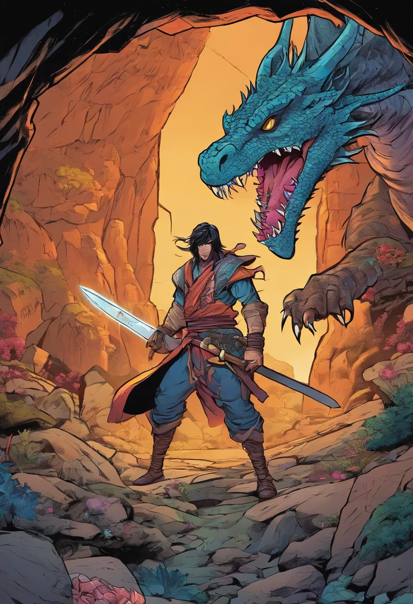 DEFEATING A DRAGON INSIDE A CAVE WITH NINJAS CLOTHES AND ESADA, AND THE DRAGON WITH NINJAS STARS STICKED TO HIS SKIN