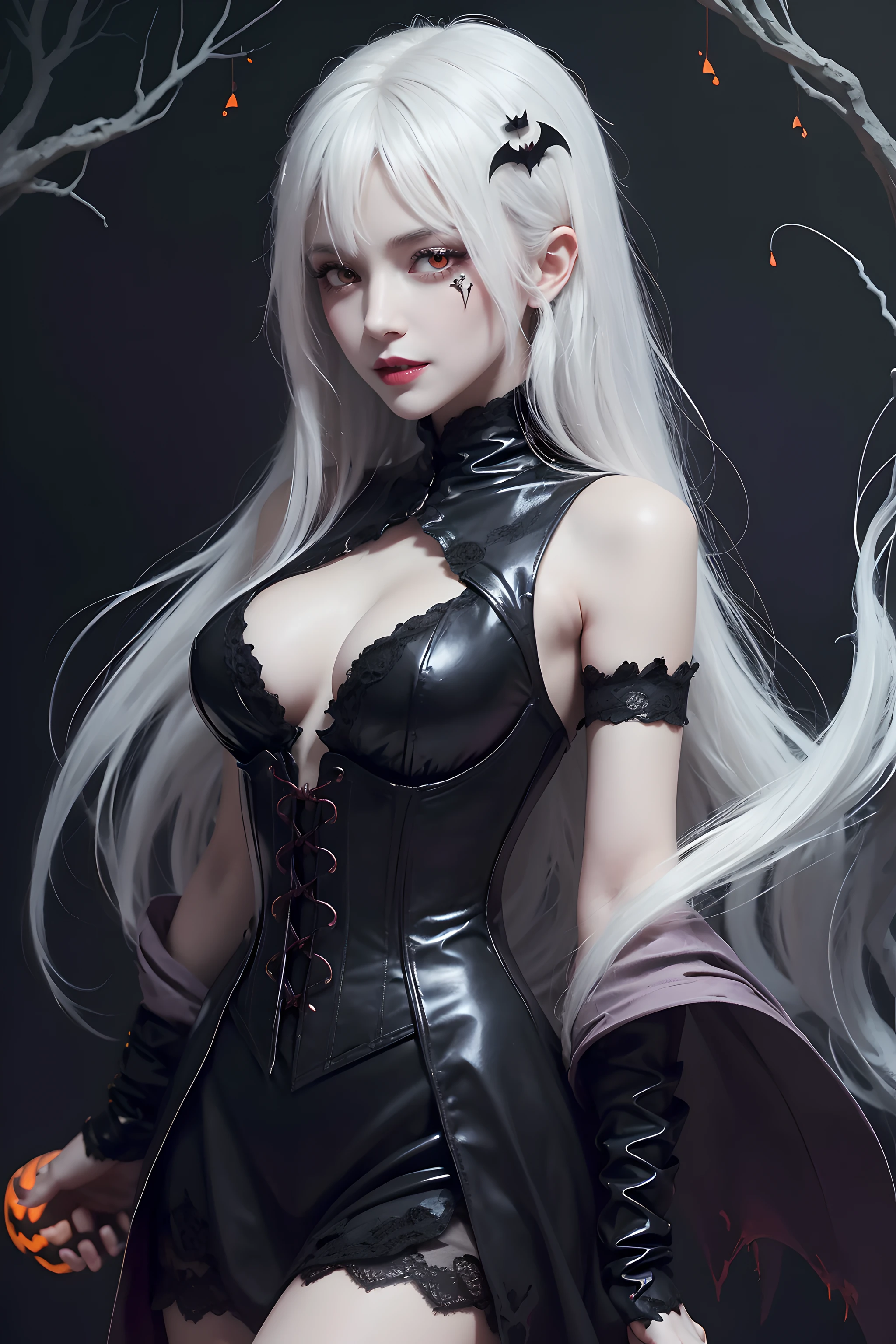 (Halloween theme:1.3), (fantasy:1.3), (vampire queen:1.3), (silver long hair:1.3), (red eyes:1.3), (vampire fangs:1.3), (extremely pretty and beautiful vampire queen:1.3), BREAK, Beautiful illustration, top-quality, (cute Russian vampire queen:1.3, Caucasian:1.3), having vampire features, (vampire queen:1.5), BREAK, (red eyes:1.5, pale skin:1.1), (beautiful, 20 years old:1.5), slim, slender, (big sagging breasts), (clean face:1.3), (vampire fangs:1.3), (ash hair:1.3), (white hair:1.3), (silver hair:1.3), BREAK, (black elegant full lacy gothic dress), (latex corset), (black latex stockings), (knee-high-over-boots, pin-hells), (insanely detailed clothes), (halloween costume), BREAK, arms behind back, arms up on head, blue eyess, lovely thighs, (jack o'lantern:1.3), (looking straight at the viewer), (view viewer:1.3), (upper body:1.3), top angle, simple black background, (((dark background:1.5))), (halloween:1.5), (halloween background:1.5), ,fantasy