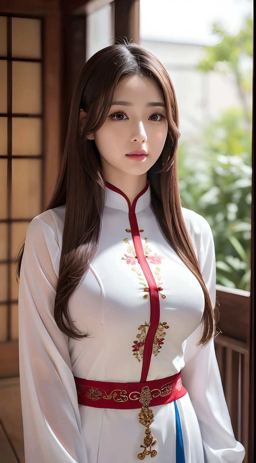 finest image, (8k, RAW photo, realistic), neat and beautiful Japanese woman, iridescent light brown straight hair, blue shining big eyes, long eyelashes, double eyelids, half open crimson alluring moist big thick lips, large breasts, side boobs, under boobs, abs, slender, perfect proportion, full body, black ao dai with golden embroidery, blurry background red