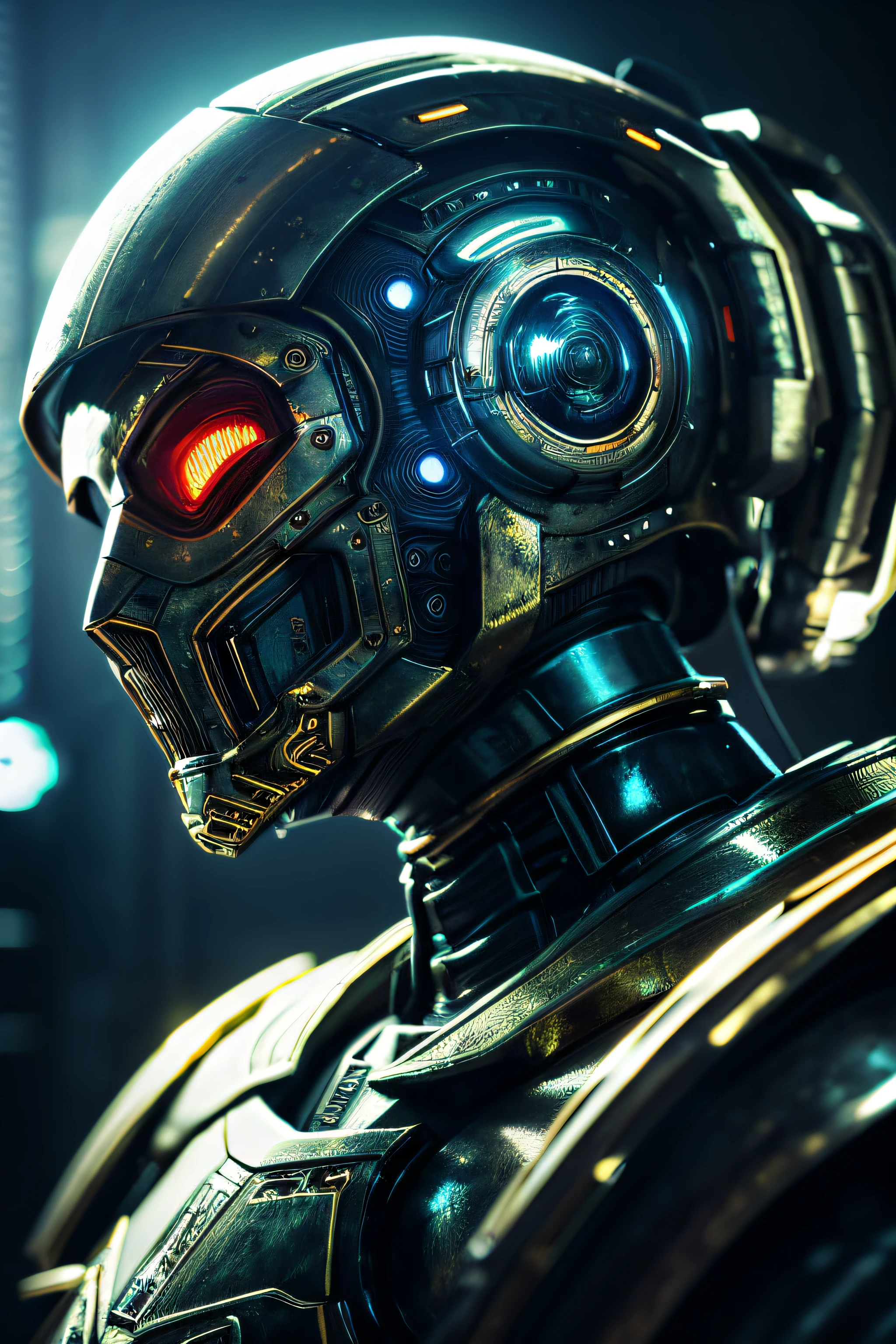 "(best quality,highres),detailed digital art,realistic,metallic texture,shiny armor,mechanical details,intense expression,aggressive pose,glowing eyes,dark background,futuristic,sci-fi,vibrant colors"