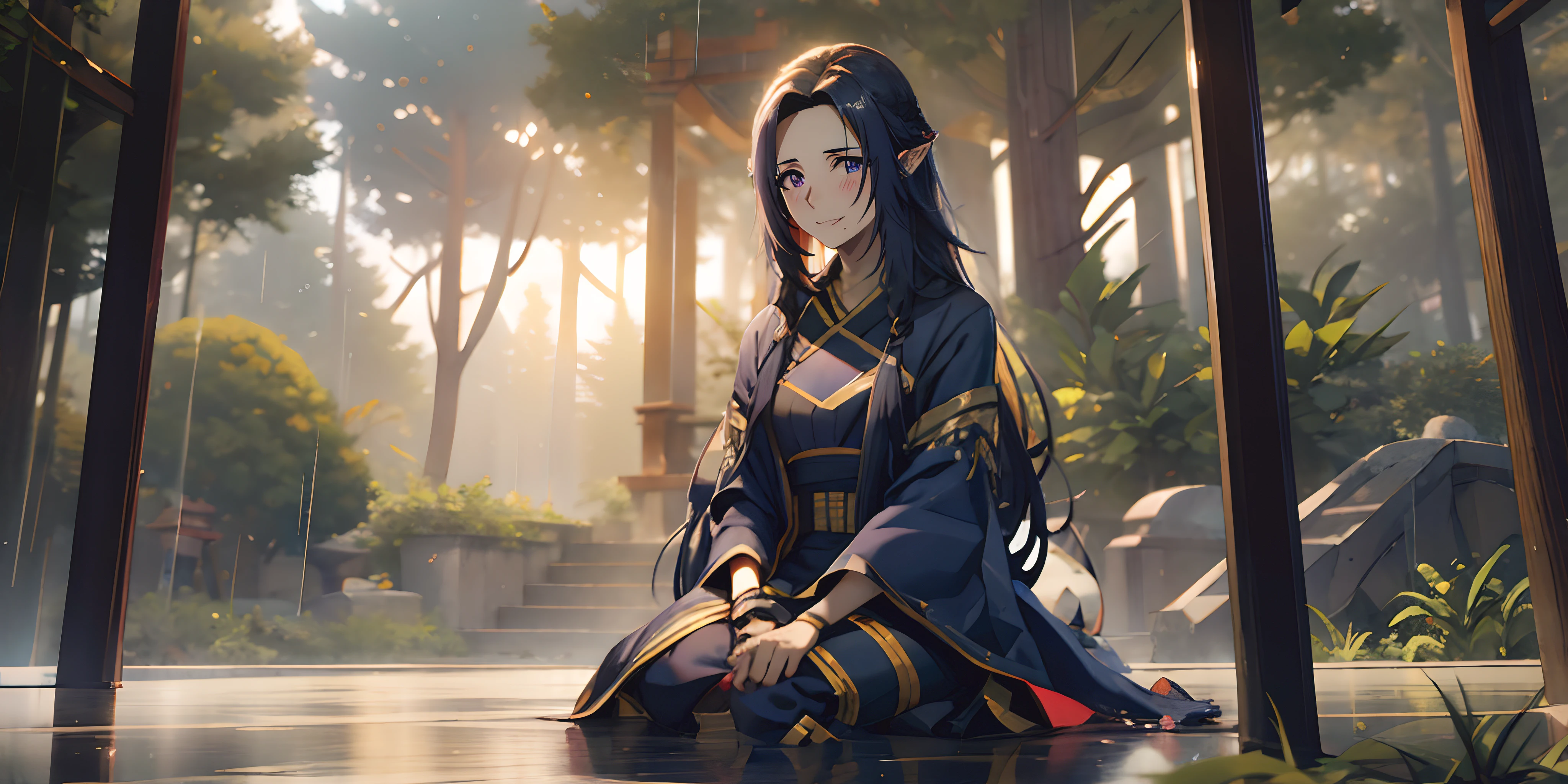 long hair, pointy ears, black hair, purple eyes, 1girl, rain, japanese_clothes, sitting, solo, kimono, looking_at_viewer, forest, nature, indoors, long_sleeves, hair_between_eyes, wide_sleeves, outdoors, tree, epic art, dramatic art, glow effects, godrays, Hand drawn, render, 8k, octane render, cinema 4d, blender, dark, atmospheric 4k ultra detailed, cinematic, Sharp focus, big depth of field, Masterpiece, colors, 3d octane render, 4k, concept art, trending on artstation, hyperrealistic, Vivid colors, extremely detailed CG unity 8k wallpaper, trending on CGSociety, Intricate, High Detail, dramatic,