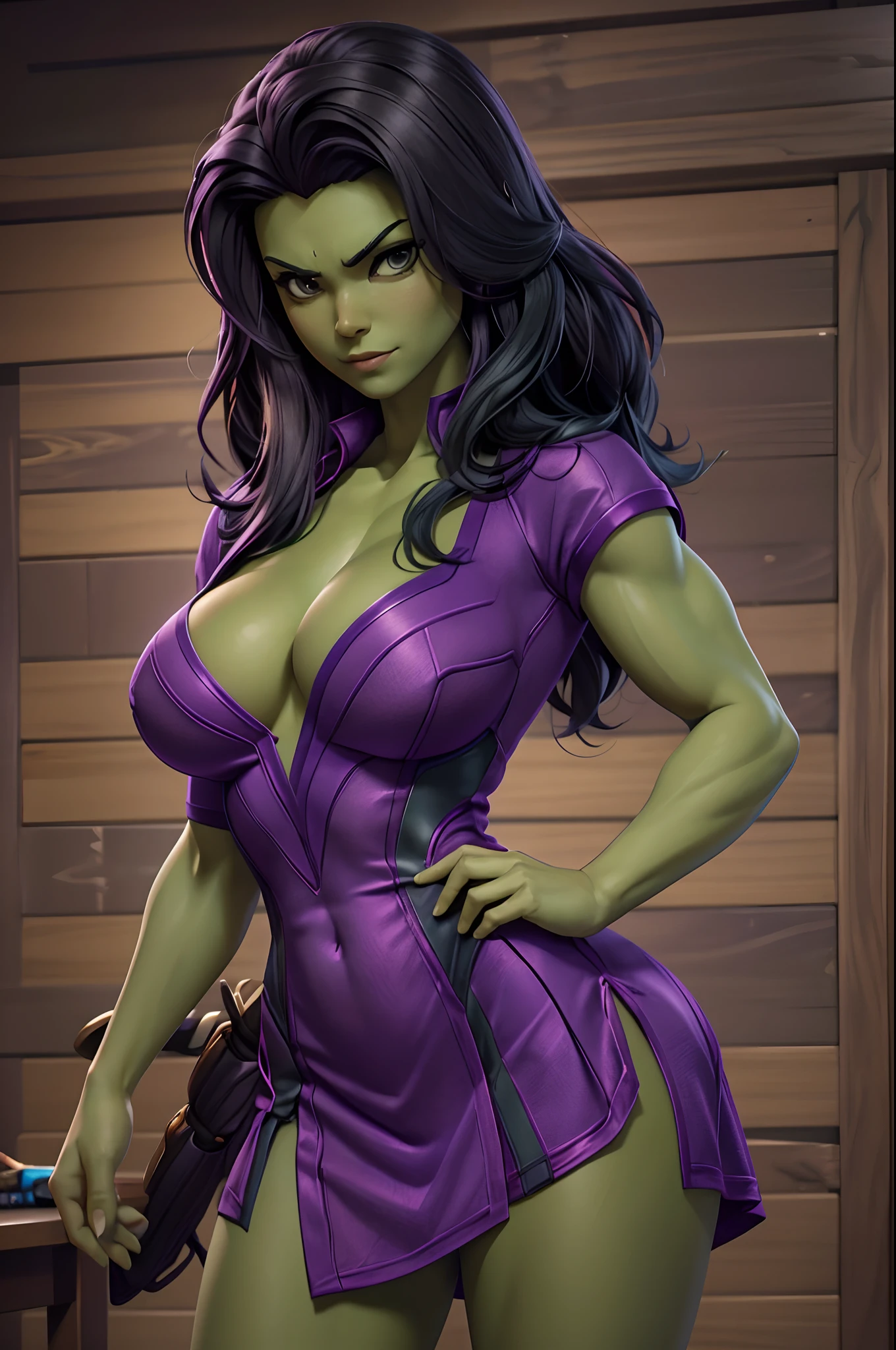 Sexy She-Hulk in a purple shirt, dark green skin, Tranformation, Outgrowing the shirt, outgrowing the room, extremely long arms and legs, abnormally long torso, breasts expanding, too big for her miniskirt, bulging breasts, extremely detailed artgerm, artgerm and lois van baarle, commission for high res, artgerm and warren louw, giantess art, style ivan talavera and artgerm, touching her clothes, artgerm comic, inspired by Tim and Greg
