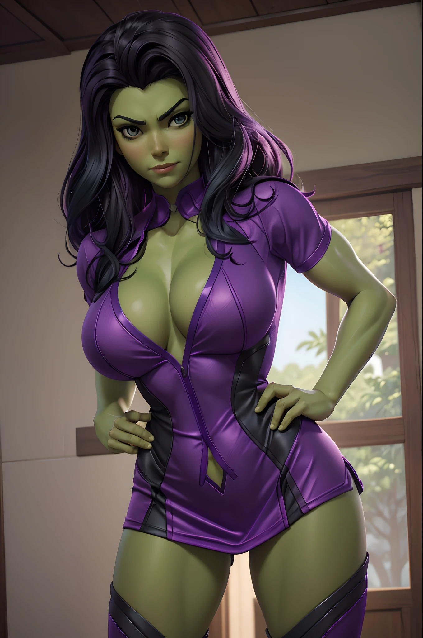 Sexy She-Hulk in a purple shirt, dark green skin, Tranformation, Outgrowing the shirt, outgrowing the room, extremely long arms and legs, abnormally long torso, breasts expanding, too big for her miniskirt, bulging breasts, extremely detailed artgerm, artgerm and lois van baarle, commission for high res, artgerm and warren louw, giantess art, style ivan talavera and artgerm, touching her clothes, artgerm comic, inspired by Tim and Greg