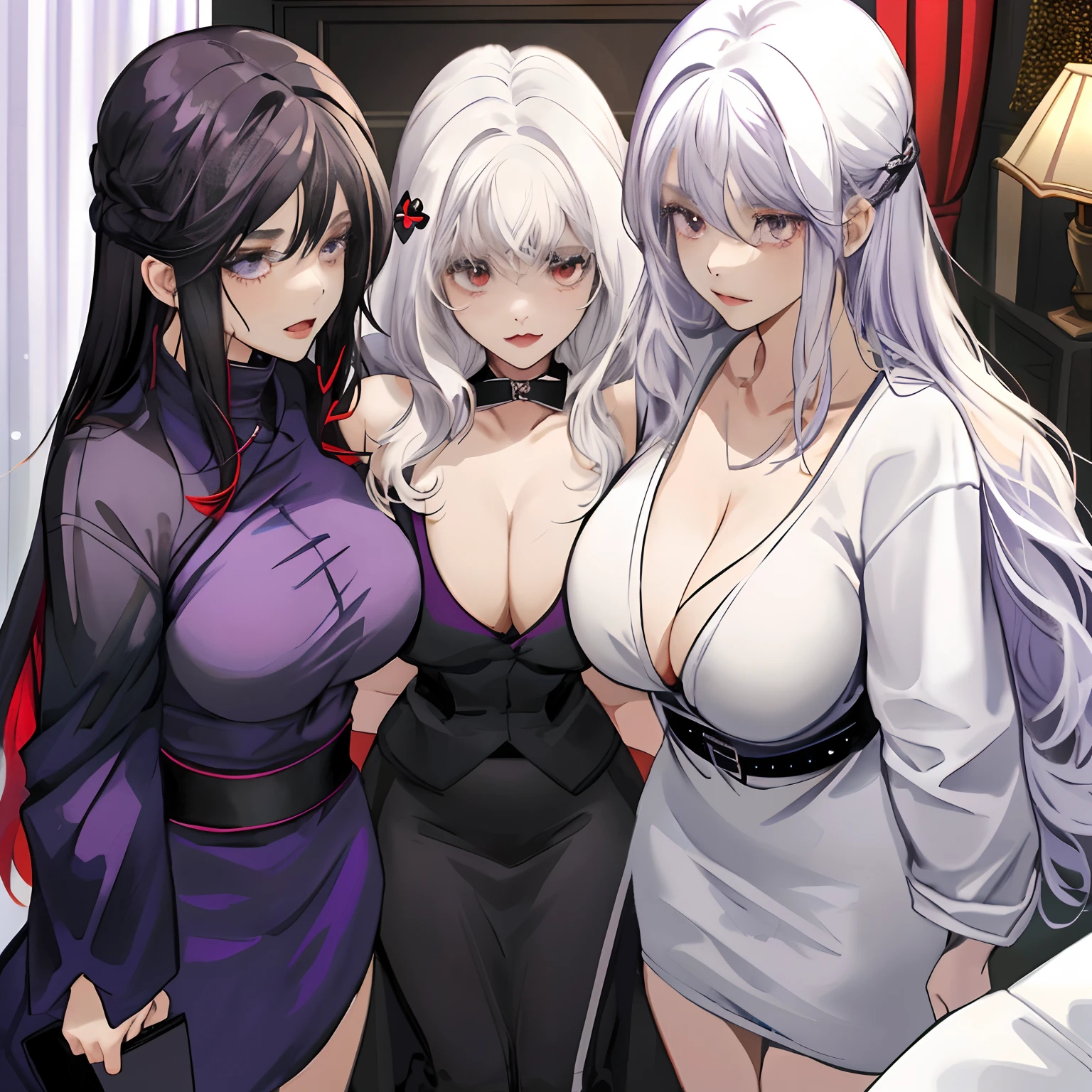A Shy school girl with flat chest, wavy hair, white hair, red eyes standing in living room with her seductive milf mom with white wavy hair, purple eyes and massive breasts. Alongside her sister whose a cool goth tomboy with big breasts, black hair and red eyes. family, living room
