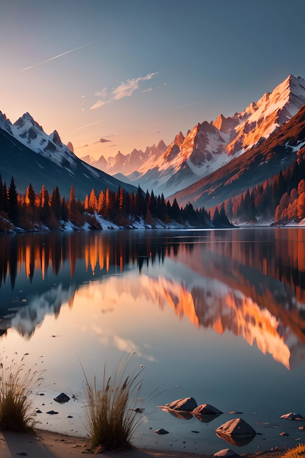 Generate a vivid description of a stunning valley at dusk. Envision a serene setting with rolling hills and majestic mountains in the background. The sun is setting on the horizon, painting the sky with shades of orange and gold, creating a breathtaking display of colors. In the center of the valley, there is a massive lake reflecting the beauty of the mountains and the dramatic sky. The lake is so calm that it perfectly mirrors the mountains and the sky, creating a breathtaking image. Detail the vegetation, the water's texture, the shadows of the mountains, and any other features that enhance the beauty and tranquility of this twilight scene. --auto --s2