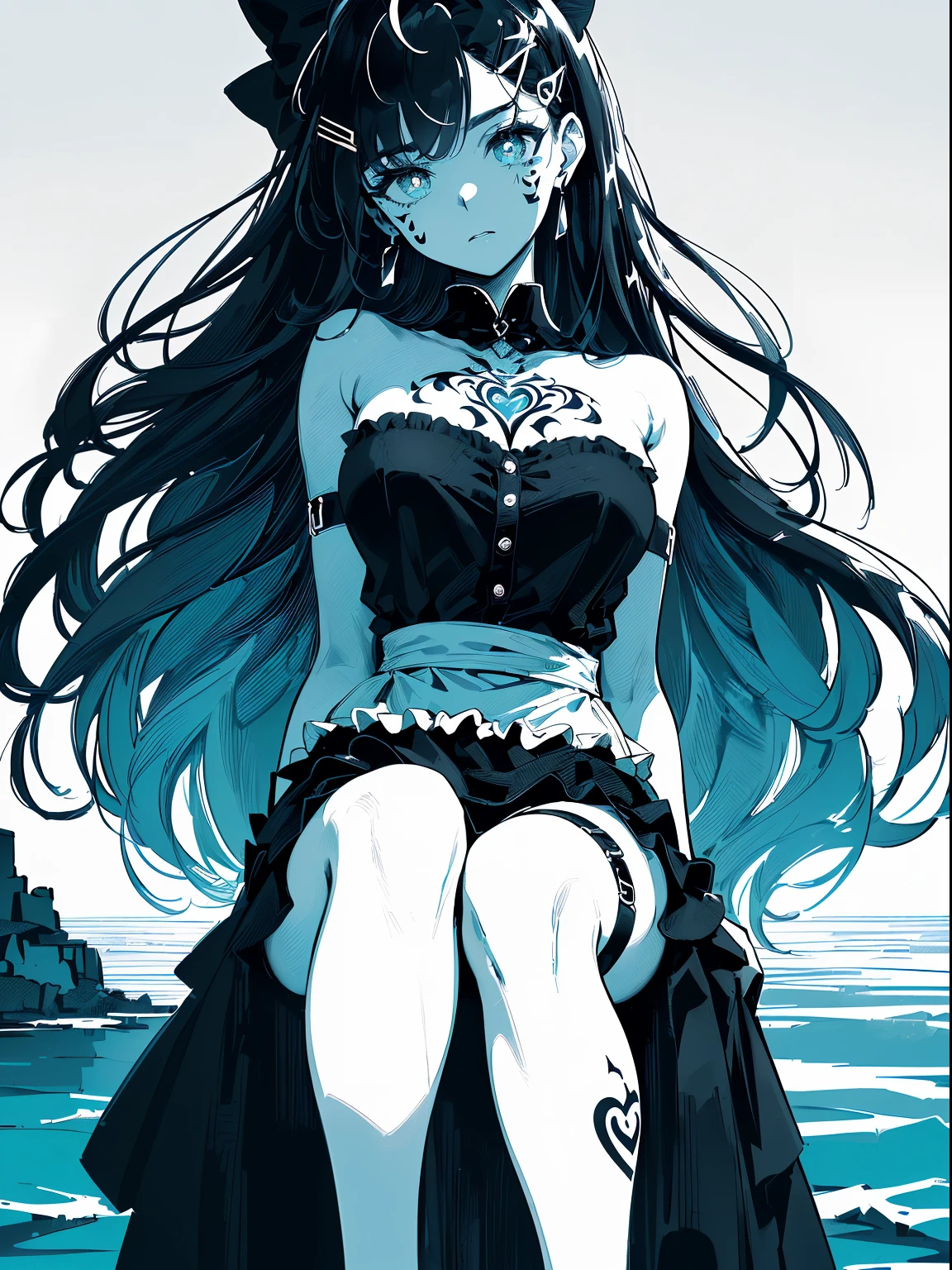 (((((((monochromatic world, using only shades of black and white and little blue ,facial tattoo,pubic tattoo,))))))(((frills,head tilt,baggy skirt,maid dress ,thigh strap,))) (((blush:1.2,baggy cuffs,fur gloves,scratching breasts))), (geometric:1.1), ((1girl,under-aged,amazing,sharp focus,seductive succubi,Solo,from below:1.2))(Masterpiece,Best quality, offcial art, Beautiful and aesthetic:1.2),((incredibly_absurdres,Golden ratio,)) (16k),on the water,lake, ((cowboy shot,))(((sagging breasts))),(Physically-based rendering),Sharp focus, (((highdetailskin,knees up))),Intricately detailed clothing,(Delicate pupils,Symmetrical pupils,Highly detailed pupils),heart pupils,danfeng eye,((((detailed hair|long hair|intake bangs|long bold side bangs|top bow|ahoge)))),Slender,(masterpiece sidelighting),(The sheen),(beautiful hair,beautiful eyes,)((unbelievable Ridiculous quality)),((extremely_Detailed_Eyes_and_face)),Movie girl,(Dynamic configuration: 1.2),Brilliant,Glossy, ((hairclip)), two-sided fabric,disheveled hair,Ultra-precise depiction, Ultra-detailed depiction,