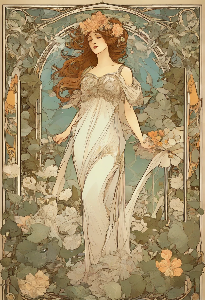 8k.Poster illustration in the style of Alphonse Mucha, Pintura plana, Hermosa mujer occidental en vestido largo lila hasta los tobillos, Emmawatoso,sosteniendo un ramo de lirios blancos,cuerpo completo como,Cuerpo delgado,descalzo,Modernismo, Plantas en el fondo, NFFSW, Masutepiece, Alfonse Mucha, Detalles altos