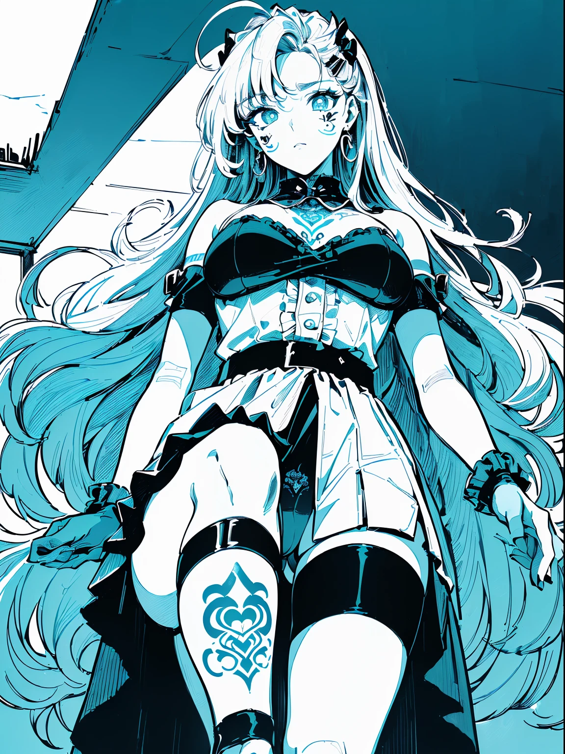 (((((((monochromatic world, using only shades of black and white and little blue ,facial tattoo,pubic tattoo,))))))(((frills,head tilt，baggy skirt,maid dress ,thigh strap,))) (((blush:1.2,baggy cuffs,fur gloves,scratching breasts)))， (geometric:1.1), ((1girl,under-aged,amazing,sharp focus,seductive succubi，Solo，from below:1.2))(Masterpiece,Best quality, offcial art, Beautiful and aesthetic:1.2),((incredibly_absurdres,Golden ratio,)) (16k),on the water,lake, ((cowboy shot,))(((sagging breasts))),(Physically-based rendering),Sharp focus, (((highdetailskin,knees up))),Intricately detailed clothing，(Delicate pupils,Symmetrical pupils，Highly detailed pupils)，heart pupils,danfeng eye,((((detailed hair|long hair|intake bangs|long bold side bangs|top bow|ahoge)))),Slender,(masterpiece sidelighting),(The sheen),(beautiful hair,beautiful eyes,）((unbelievable Ridiculous quality)),((extremely_Detailed_Eyes_and_face)),Movie girl,(Dynamic configuration: 1.2),Brilliant,Glossy, ((hairclip)), two-sided fabric,disheveled hair,Ultra-precise depiction, Ultra-detailed depiction,