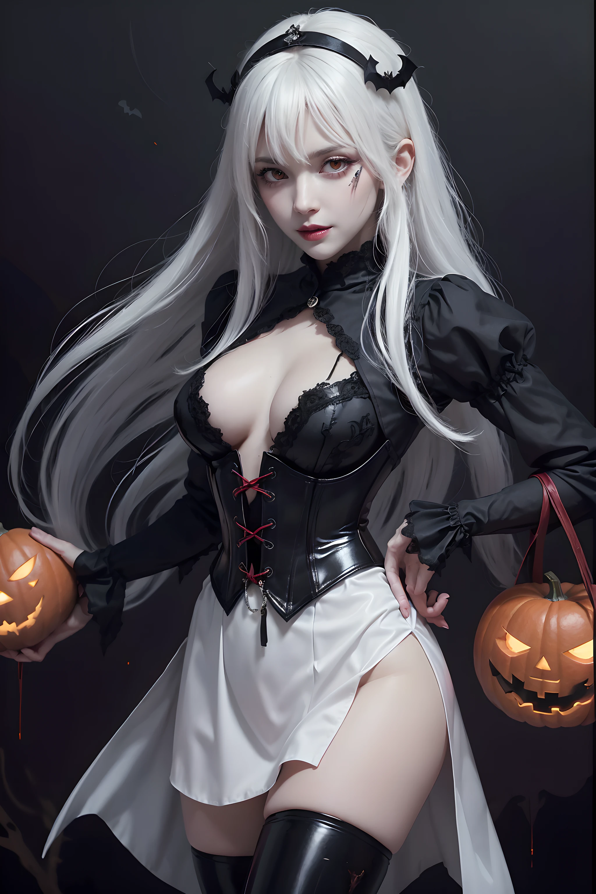 (Halloween theme:1.3), (fantasy:1.3), (vampire queen:1.3), (silver long hair:1.3), (red eyes:1.3), (vampire fangs:1.3), (extremely pretty and beautiful vampire queen:1.3), BREAK, Beautiful illustration, top-quality, (cute Russian vampire queen:1.3, Caucasian:1.3), having vampire features, (vampire queen:1.5), BREAK, (red eyes:1.5, pale skin:1.1), (beautiful, 20 years old:1.5), slim, slender, (big sagging breasts), (clean face:1.3), (vampire fangs:1.3), (ash hair:1.3), (white hair:1.3), (silver hair:1.3), BREAK, (black elegant full lacy gothic dress), (latex corset), (black latex stockings), (knee-high-over-boots, pin-hells), (insanely detailed clothes), (halloween costume), BREAK, arms behind back, arms up on head, blue eyess, lovely thighs, (jack o'lantern:1.3), (looking straight at the viewer), (view viewer:1.3), (upper body:1.3), top angle, simple black background, (((dark background:1.5))), (halloween:1.5), (halloween background:1.5), (low-key lighting, (moody ambiance):1.2, dark shadows, subtle highlights, mysterious aura),
