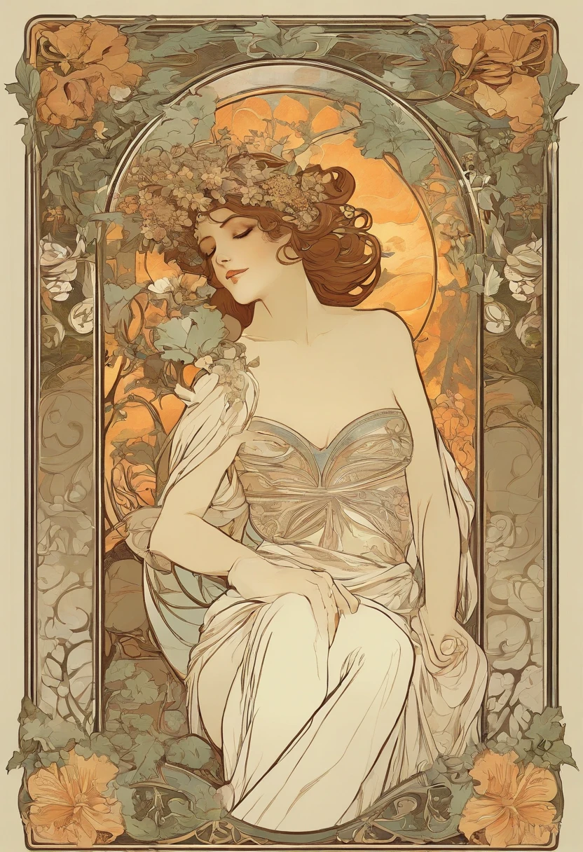 8k.Poster illustration in the style of Alphonse Mucha, Pintura plana, Hermosa jaguar Emmawatoso, sosteniendo un ramo de lirios blancos,cuerpo completo como,Cuerpo delgado,descalzo,Modernismo, Plantas en el fondo, NFFSW, Masutepiece, Alfonse Mucha, Detalles altos