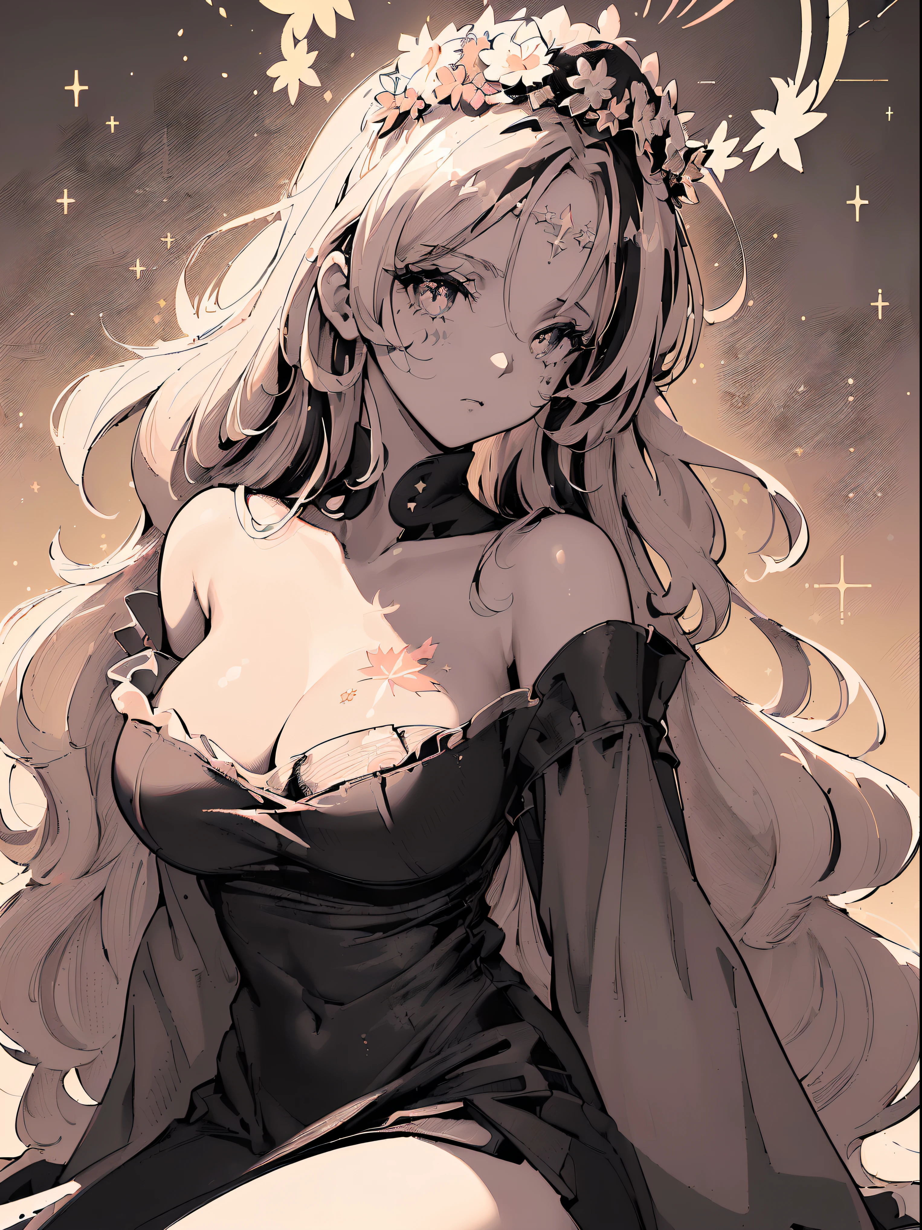 (((((( baggy T-shirt, daisy field,flower dome,))))))((((Blush:1.2,Loose cuffs,))))(((((((Monochrome world, Use only shades of black and white, sparkling particles, geomerty:1.2, ))))))),((1girl,embarrassed,Amazing,Sharp focus,seductive lady,Solo,From below:1.1,((half kimono ,thigh band,long latex gloves,))(((Masterpiece,Best quality, offcial art, Beautiful and aesthetic:1.2))),((hyper HD,Golden ratio,)) (16k),((Upper lens,facial tattoo)), (((maple leaf,flower crown))), (((Sagging breasts))))),(Physically-based rendering),Sharp focus, (((highdetailskin,))),intricate outfits,Delicate pupils,Cardiac pupils,Danfeng Eyes,((((detailed hairs|Long hair|Long bold side bangs|Cover your eyes|Naturally curly|streaked hair)))),Slender,(masterpiece sidelighting),(The sheen),(Beautiful hair,Beautiful eyes,)((unbelievable Ridiculous,)),((extremely_Detailed_Eyes_and_face)),film quality,(Dynamic configuration: 1.2),Brilliant,Glossy, (Photorealistic), ((cross pupils)), two-sided fabric,Ultra-precise depiction, Ultra-detailed depiction,