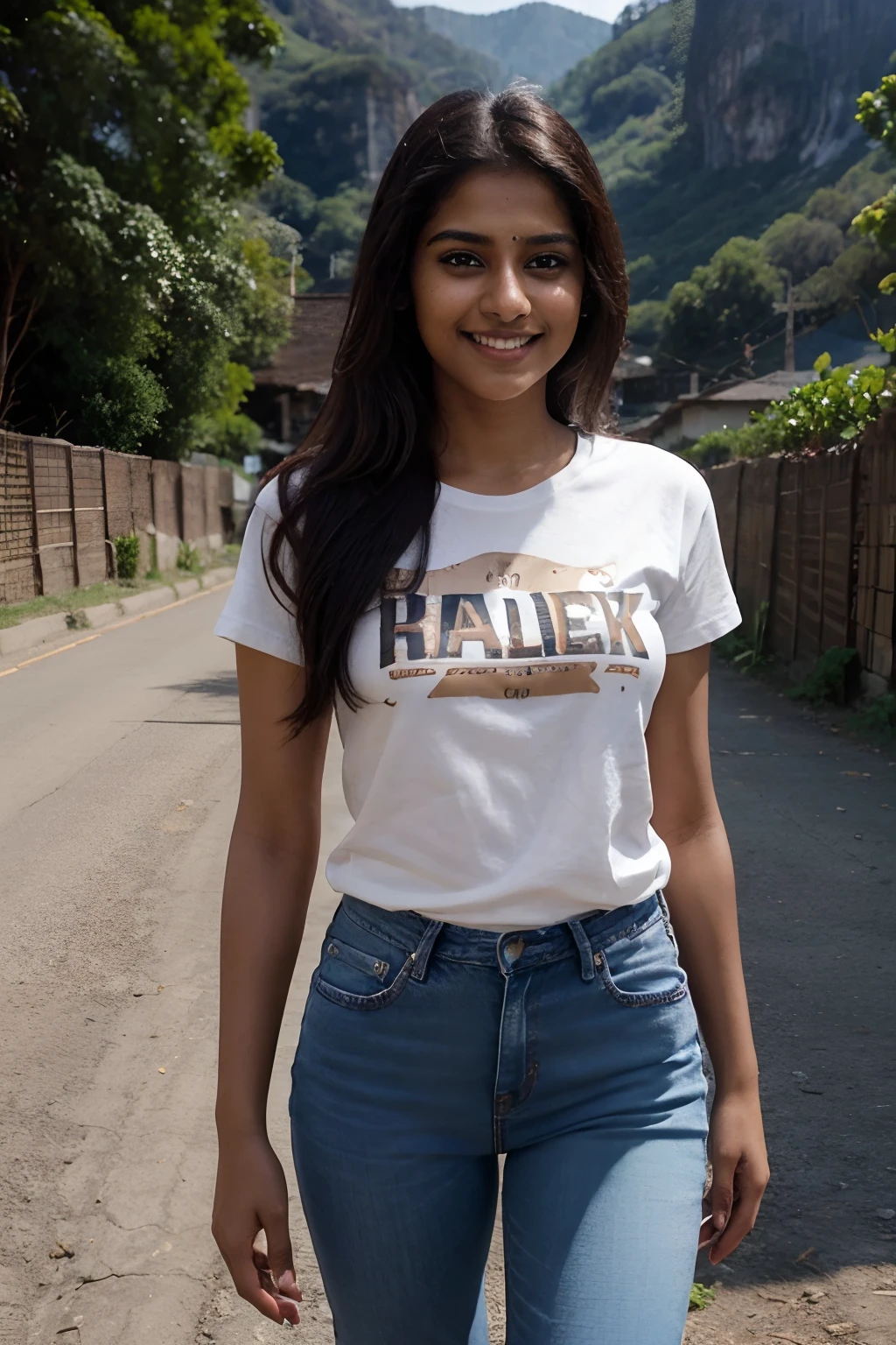 RAW photo, photo of beautiful 24 year old Indian woman, fair skin tone, white skin tone, cute face, wearing chocolate colored tshirt with jeans , smiling face, hard shadows, cinematic shot, day photo, quite slim, candid, valley in background