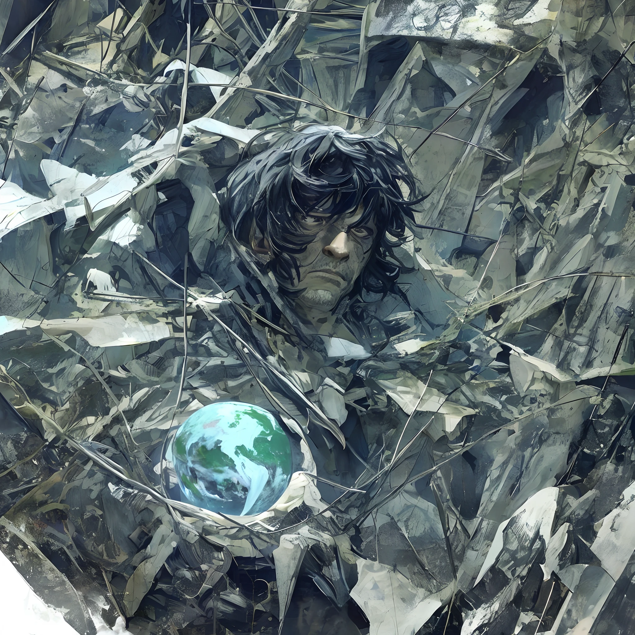 A man in a dirty suit where the earth and sky are tied in a combination of parallel worlds