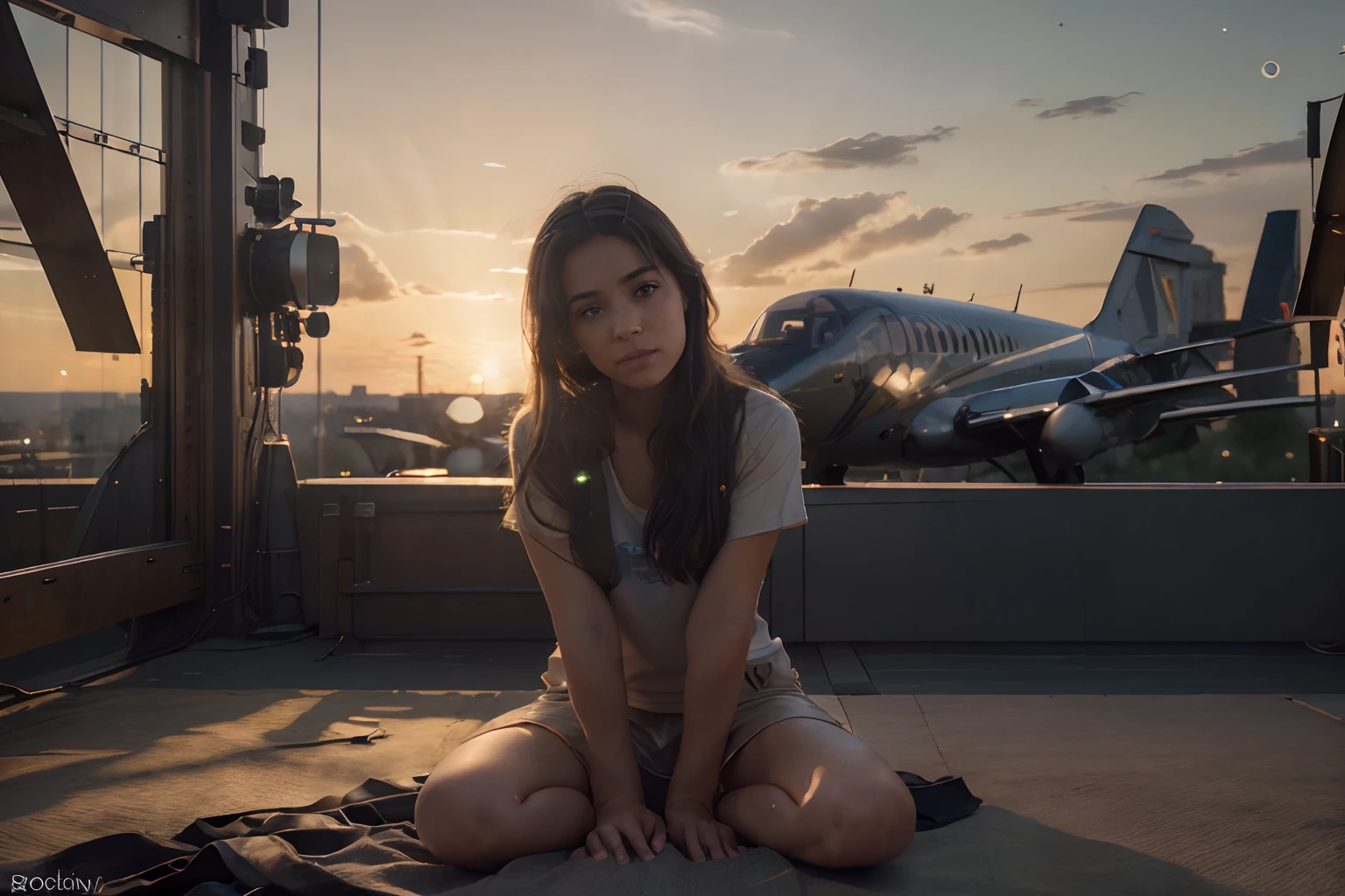 (8K, RAW photo, Best Quality, Masterpiece:1.2),(Realistic, photo-realistic:1.37), ((Best Quality)), extra high resolution,extremely detailed CG unity 8K wallpapers, physical based rendering,Cinematic lighting,full - body, (bokeh:1.4), (1boy), Sit, Watch the sunset, Warm sunset, Beautiful sky, cloudy, Traces of aircraft, A view from afar, From Bottom
