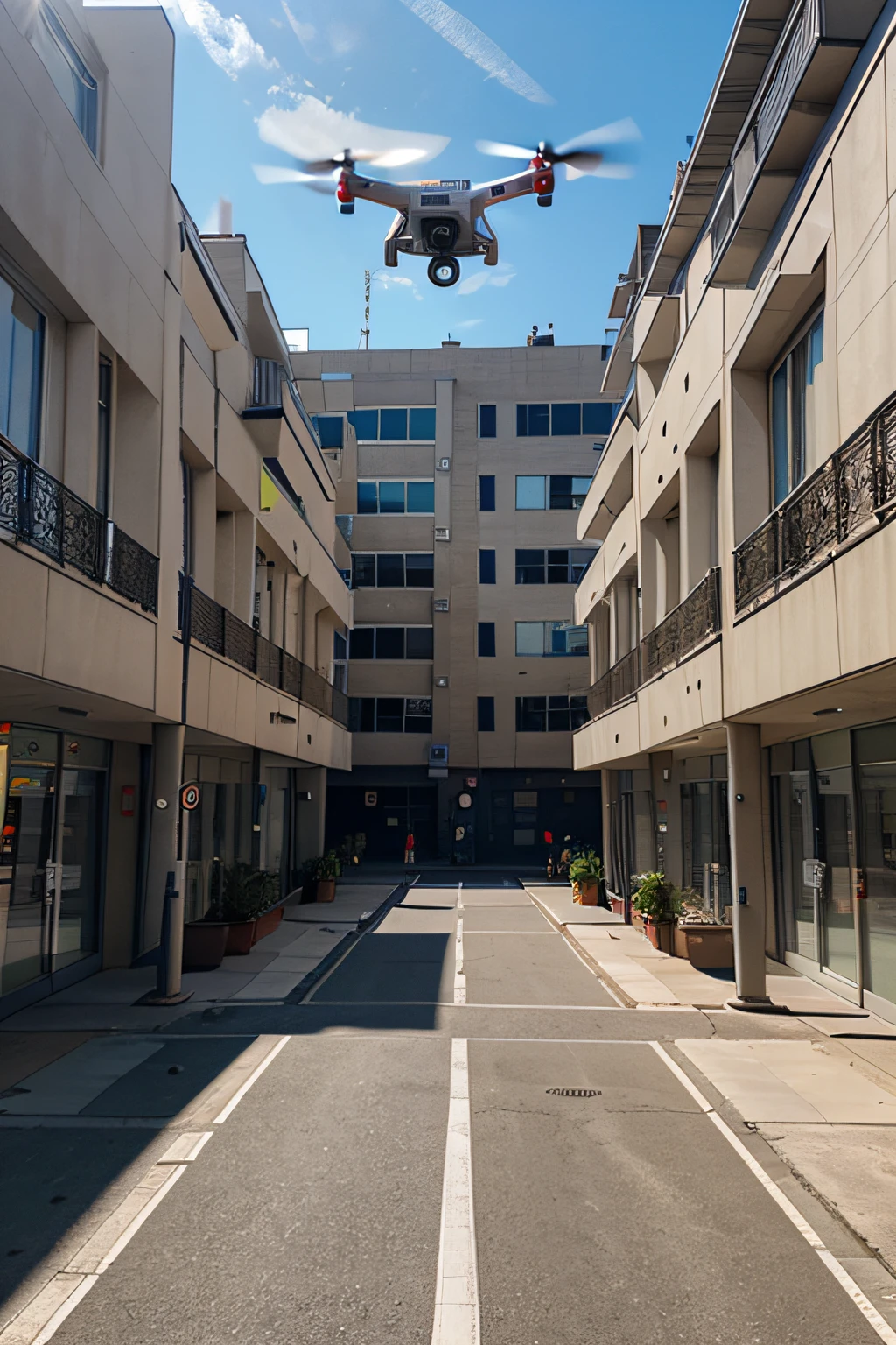 A state-of-the-art drone, Flying over a corridor of buildings