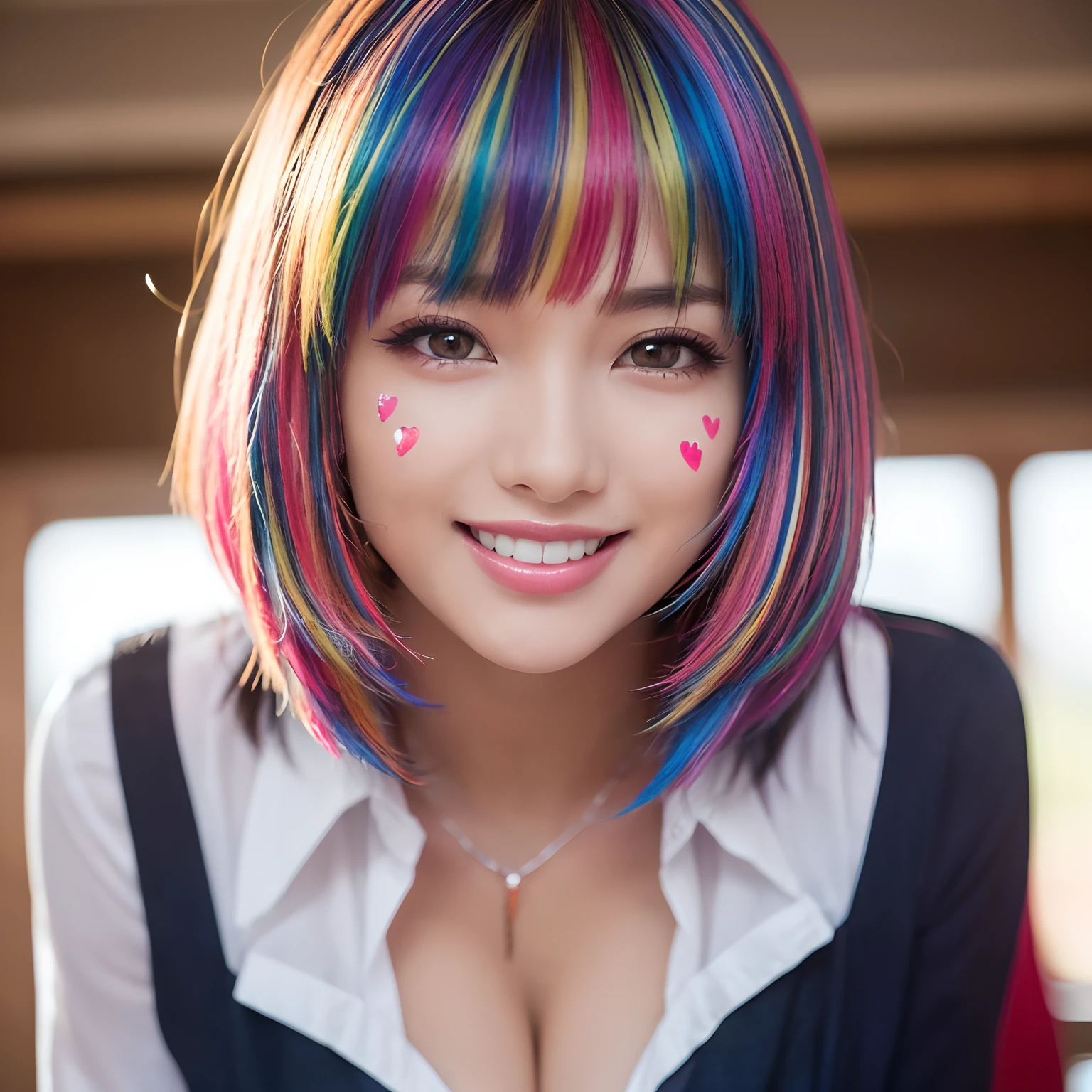 ((1 schoolgirl,gals,white  shirt,Colorful hair drawn vertically,High Ponytail,Dark blue miniskirt,Red ribbons,The top button is unbuttoned.,hide one's hands,cleavage of the breast,The background is a school classroom,sexypose,model poses,Take a photo above from your lap,The whole body is shown,colourful hair,Heart symbol on face,striated hair,large full breasts,The biggest smile staring at the camera,Big smile,Looking at the camera)),((A bracelet,耳Nipple Ring,gyuru,Perfect makeup,Scrunchie,Glitter powder on the face,colorful makeup,long eyeslashes,rainbow-colored hair, Top image quality, Top image quality, ​masterpiece, 独奏, depth of fields,a gorgeous,length hair, the wind, An elegant masterpiece,top-quality,Ultra-detailed,colourful hair,striated hair,Eye level saturation for beautiful detail),(Clean teeth, perfect teeth, White teeth, Detailed face, Quality and beautiful face,Perfect gas chamber, Perfect fingers, Perfect hands, Accurate 5 fingers, Highest image quality, Professional photography in 8K, Realistic quality)