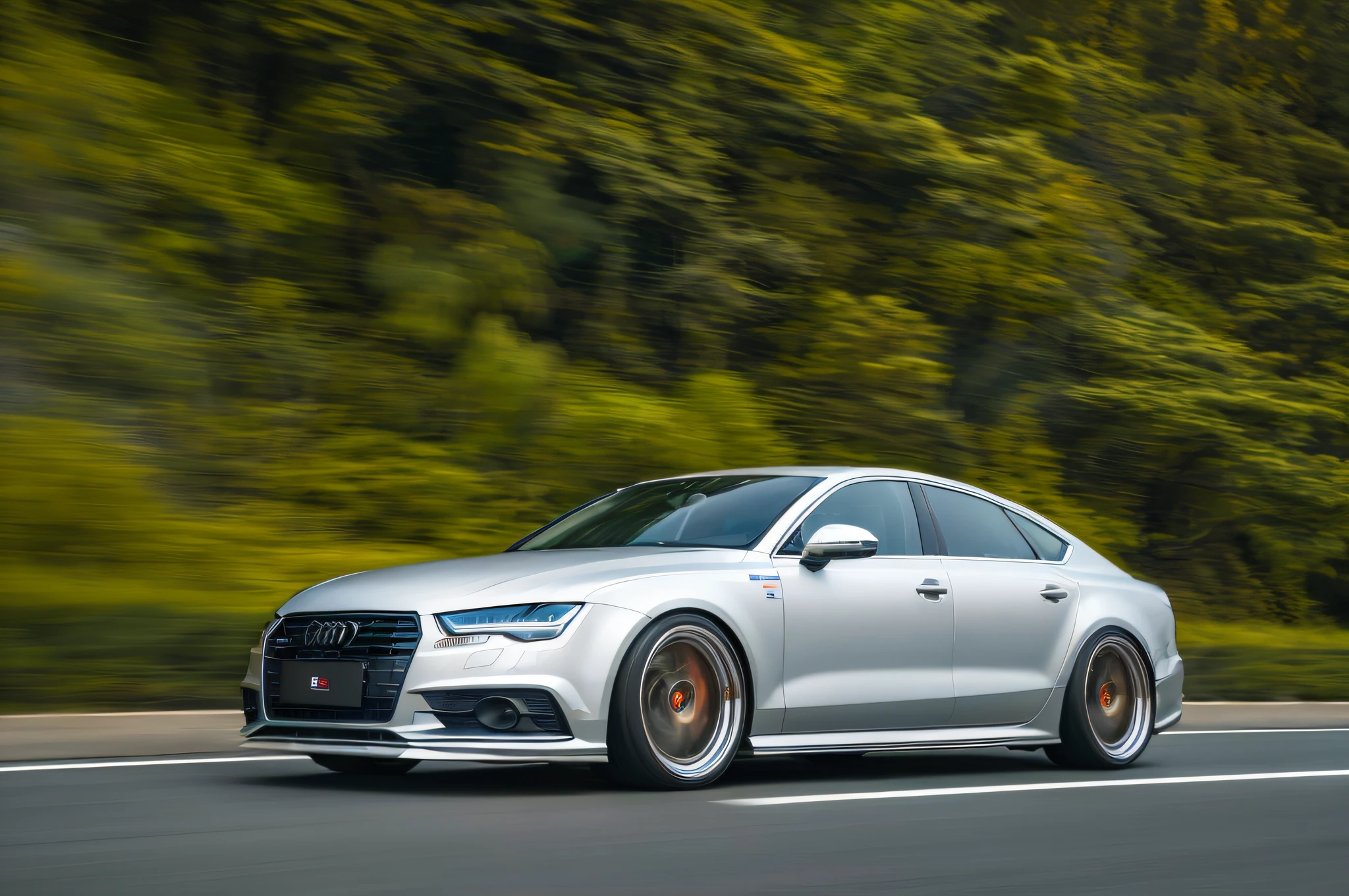 Alafede Audi drives on the road in front of the forest, Wide body, vehicle photography, automotive photography, auto photography, automotive photography, Shot on Sony A 7, aerodynamic imposing, “wide shot, front angle, wide long shot, very wide angle shot, front profile shot, front side full, s line, cinematic front shot, frontage