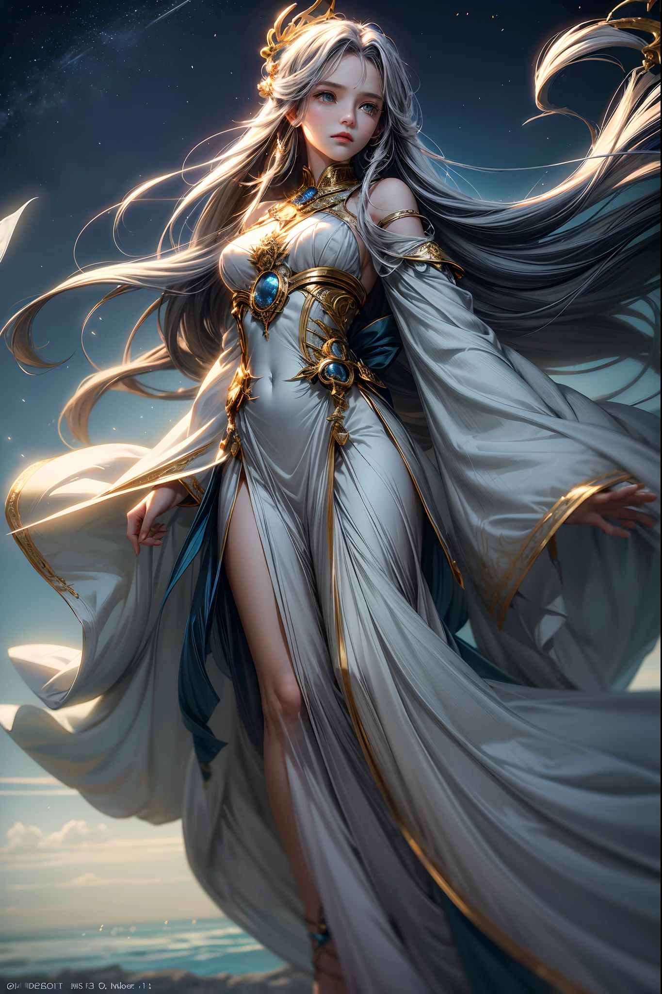 "(Masterpiece, Top Quality: 1.2), Official Art, Goddess of the Winds, Cascading Long Flowing Hair, Gracefully Suspended in Mid-Air, Attired in Silken Robes that Billow with the Gentle Zephyrs, Eyes (Eyes of Aeolus: 1.3), Crown Embellished with Whirling Breezes, (Ethereal White Hues: 1.1), (Realistic Lighting Effects, Digital Image Transformation: 1.5), (Wind Sorcery, Mastery of the Air: 1.4), Capturing the Enchantment of Fantasy."