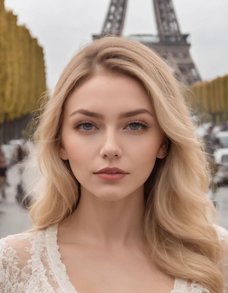 fille sexy aux yeux bleus, near the Eiffel Tower, cheveux longs Blonds, Portrait Sophie Mudd, Portrait de Corinna Kopf, cheveux Blonds et grands yeux, selfie of a young woman, ohne Maquillage, maquillage naturel, Look directly into the camera, Visage avec Artgram, dezentes Maquillage, Grande photo du corps entier, dans la chambre, gros seins, Blond