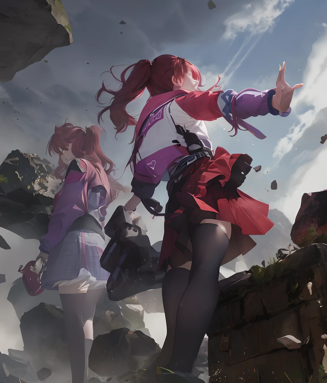 2girl, twins, two school girls, red mini skirt, purple jacket sleeves, red hair, falling rocks