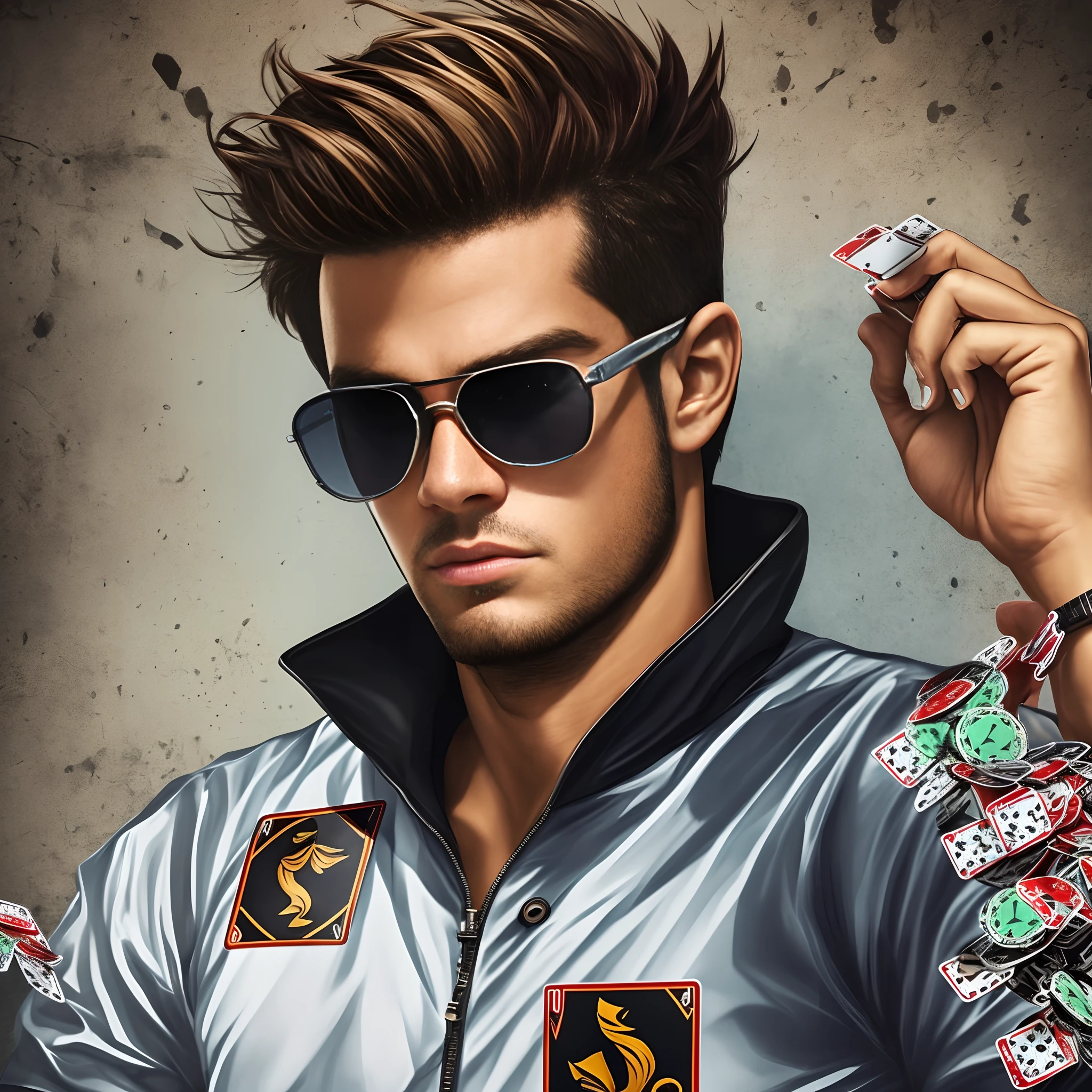 Um avatar que representa um jogador de poker profissional, Wearing stylish sunglasses with a serious expression, segurando um par de cartas de poker. --auto --s2