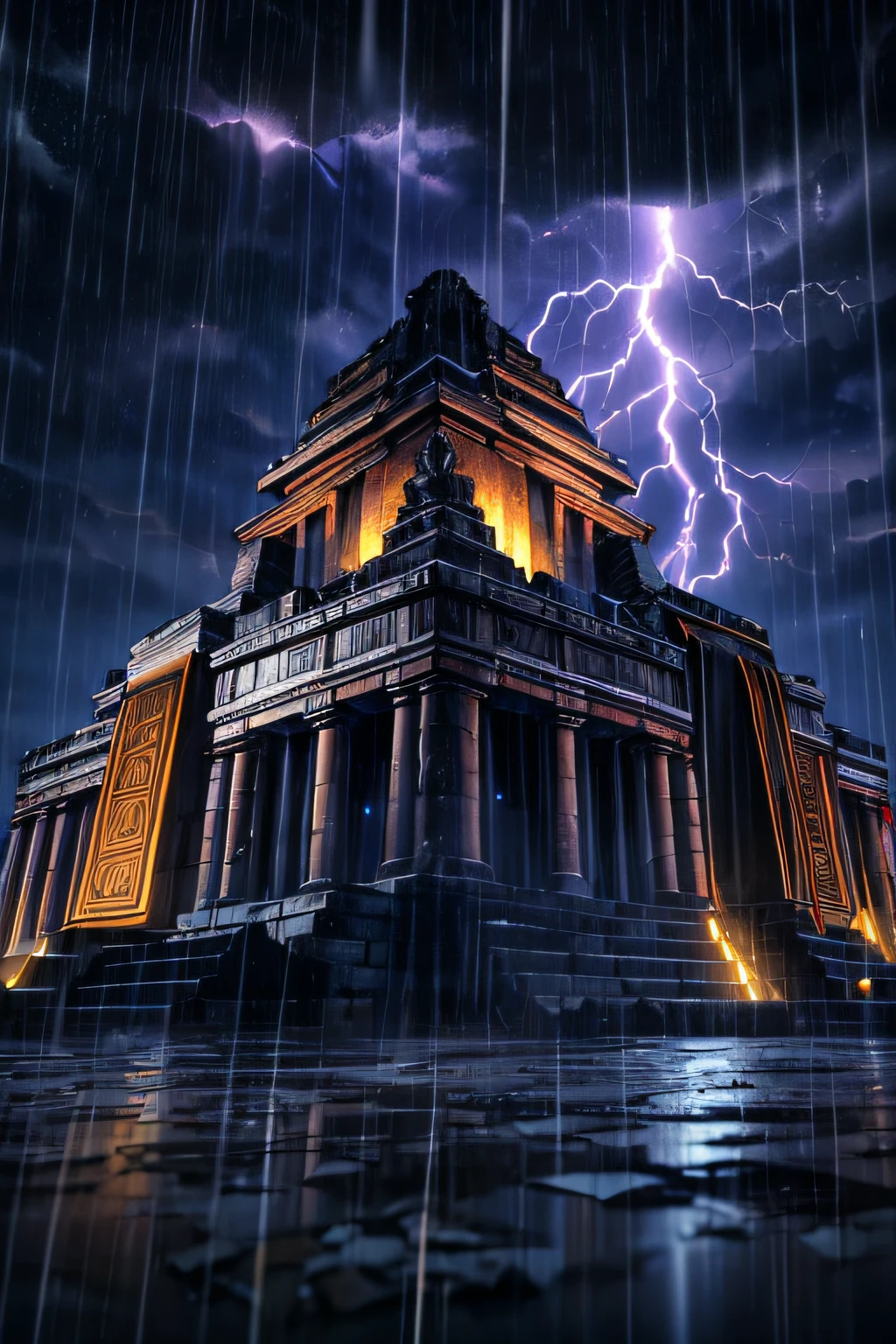 High quality Photo of Ancient mayan (temple) in the center of a (futuristic American city) at night, dramatic, low angle shot, high resolution, 8k, high saturation, scary, rain, storm, lightning, boxing ring, boxing