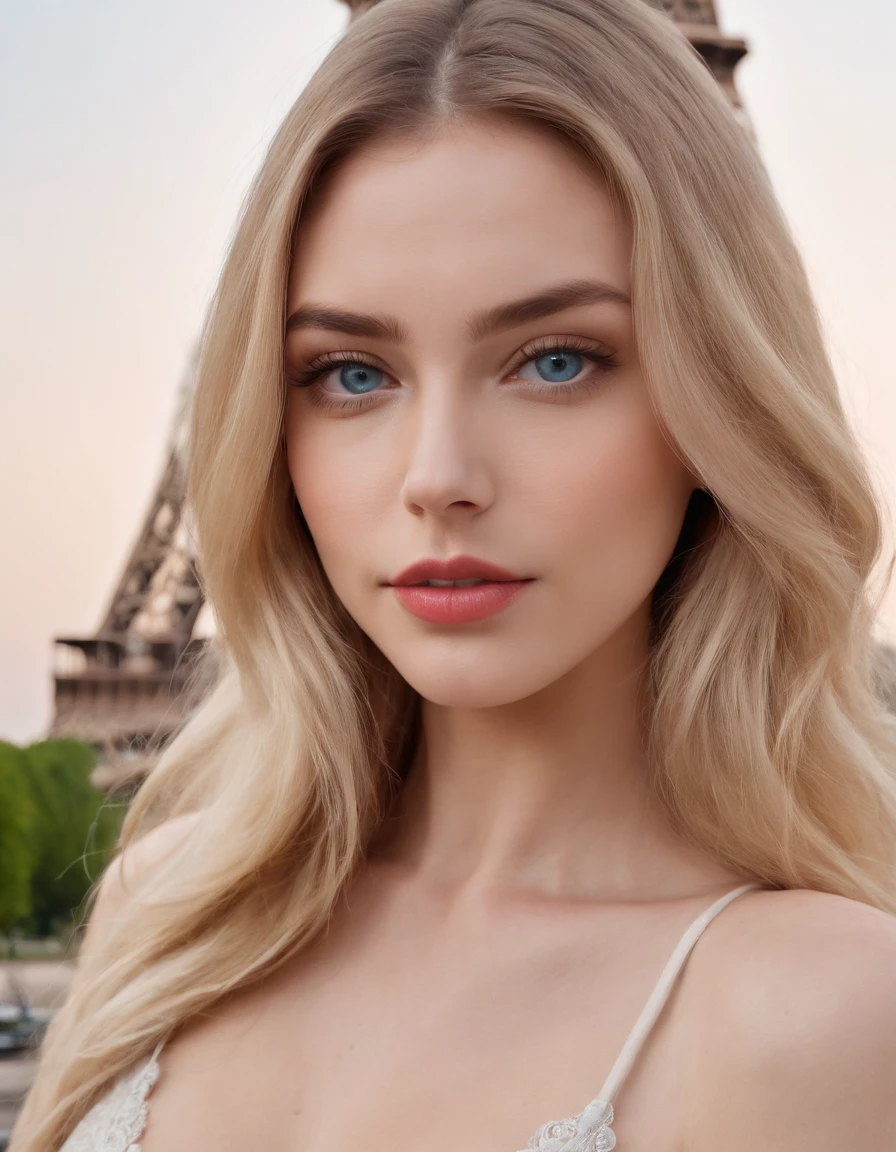 Sexy girl with blue eyes, near the Eiffel Tower, long hair Blonde, Sophie Mudd Portrait, Corinna Kopf Portrait, Blonde Hair and Big Eyes, Selfie of a Young Woman, ohne Makeup, Natural Makeup, Look Directly into Camera, Face with Artgram, Dezentes Makeup, Large Full Body Photo, In Bedroom, Big, Blonde