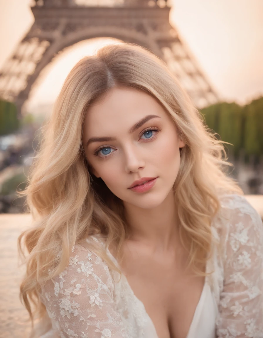 Sexy girl with blue eyes, near the Eiffel Tower, long hair Blonde, Sophie Mudd Portrait, Corinna Kopf Portrait, Blonde Hair and Big Eyes, Selfie of a Young Woman, ohne Makeup, Natural Makeup, Look Directly into Camera, Face with Artgram, Dezentes Makeup, Large Full Body Photo, In Bedroom, Big, Blonde