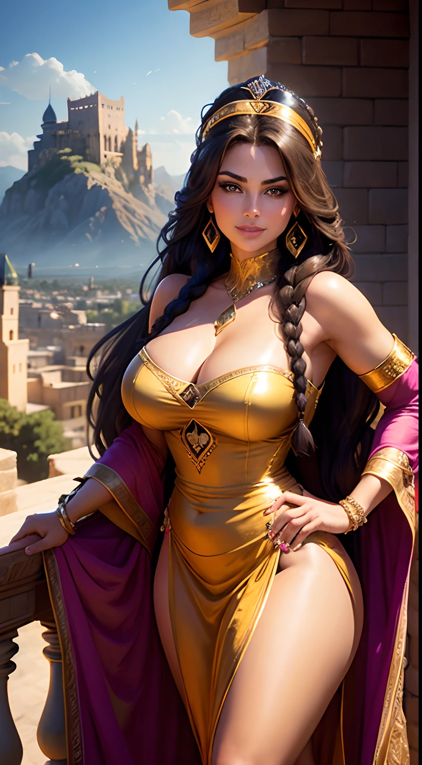 Portrait of Carmen Electra as princess Jasmine, a young woman, beautiful, thick hair tied in a braid, a thick hairband, wearing an arabic harem dress, cleavage visible, standing on a palace balcony , mountains visible in background , smiling, high resolution, light effects